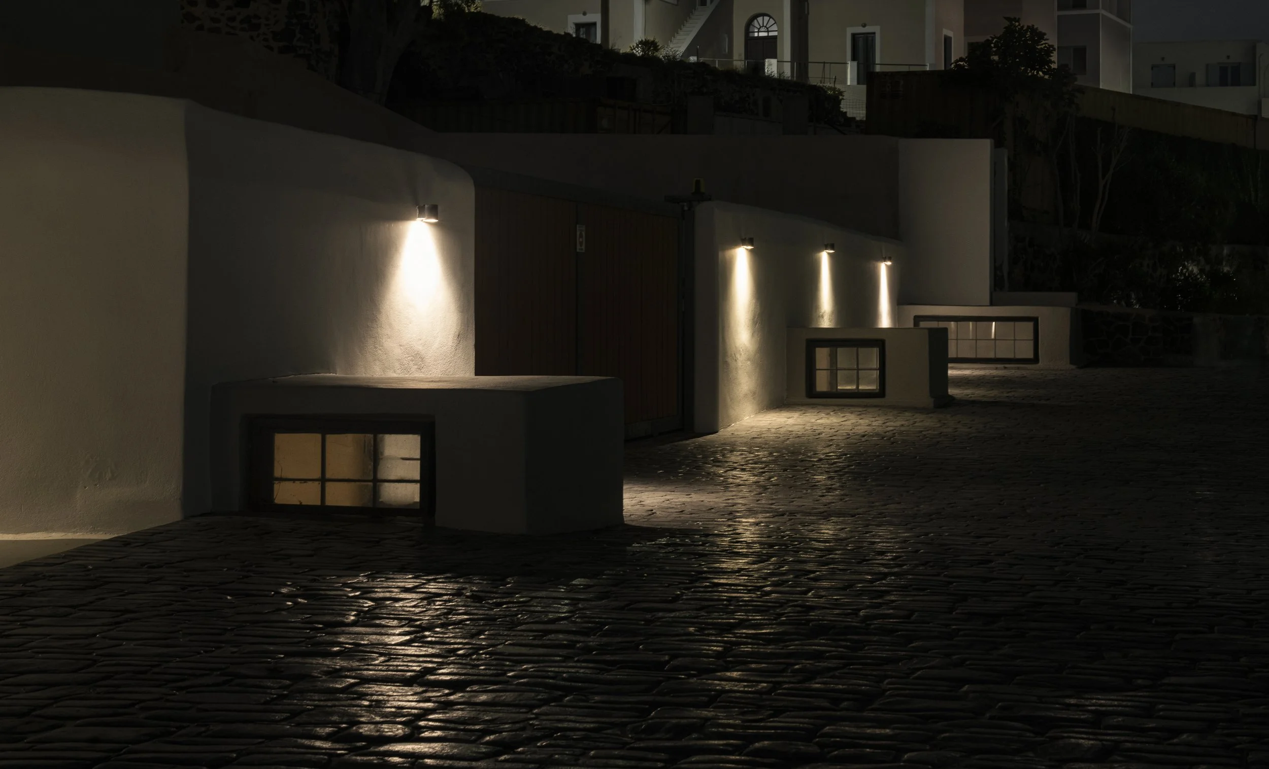 Converted monastery - the Katikies Garden Hotel at night - Fira, Santorini, Greece