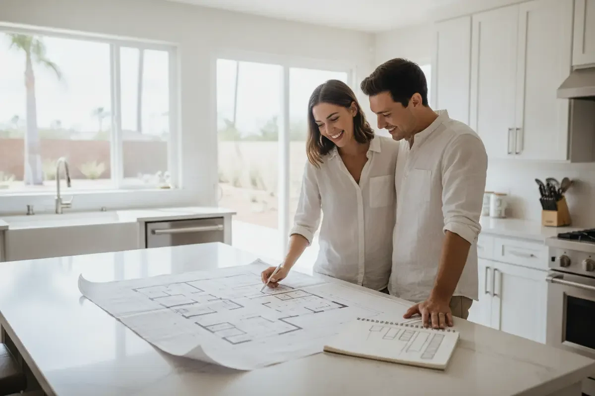 Buyers reviewing plans and a budget inside a new home