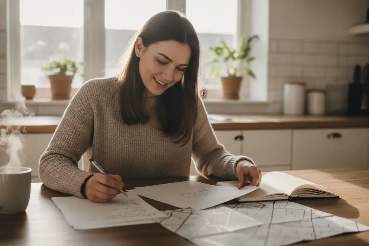 A buyer comparing neighborhood notes and a local map at a kitchen tableA buyer comparing neighborhood notes and a local map at a kitchen table