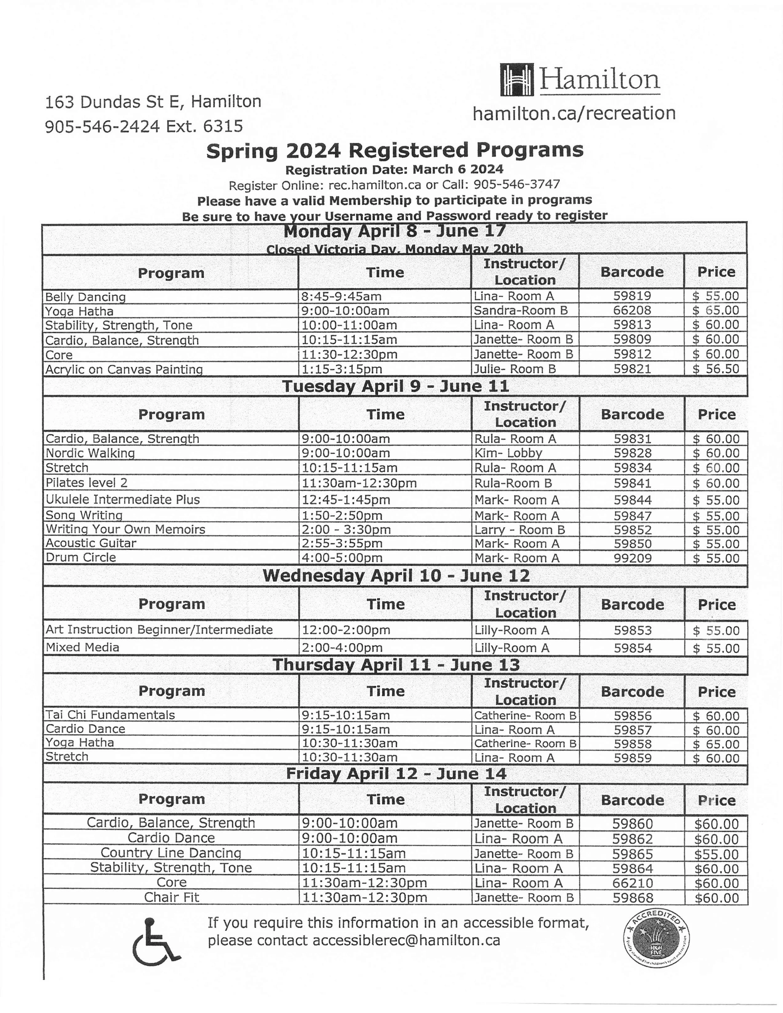 Scheduled classes flamborough seniors centre