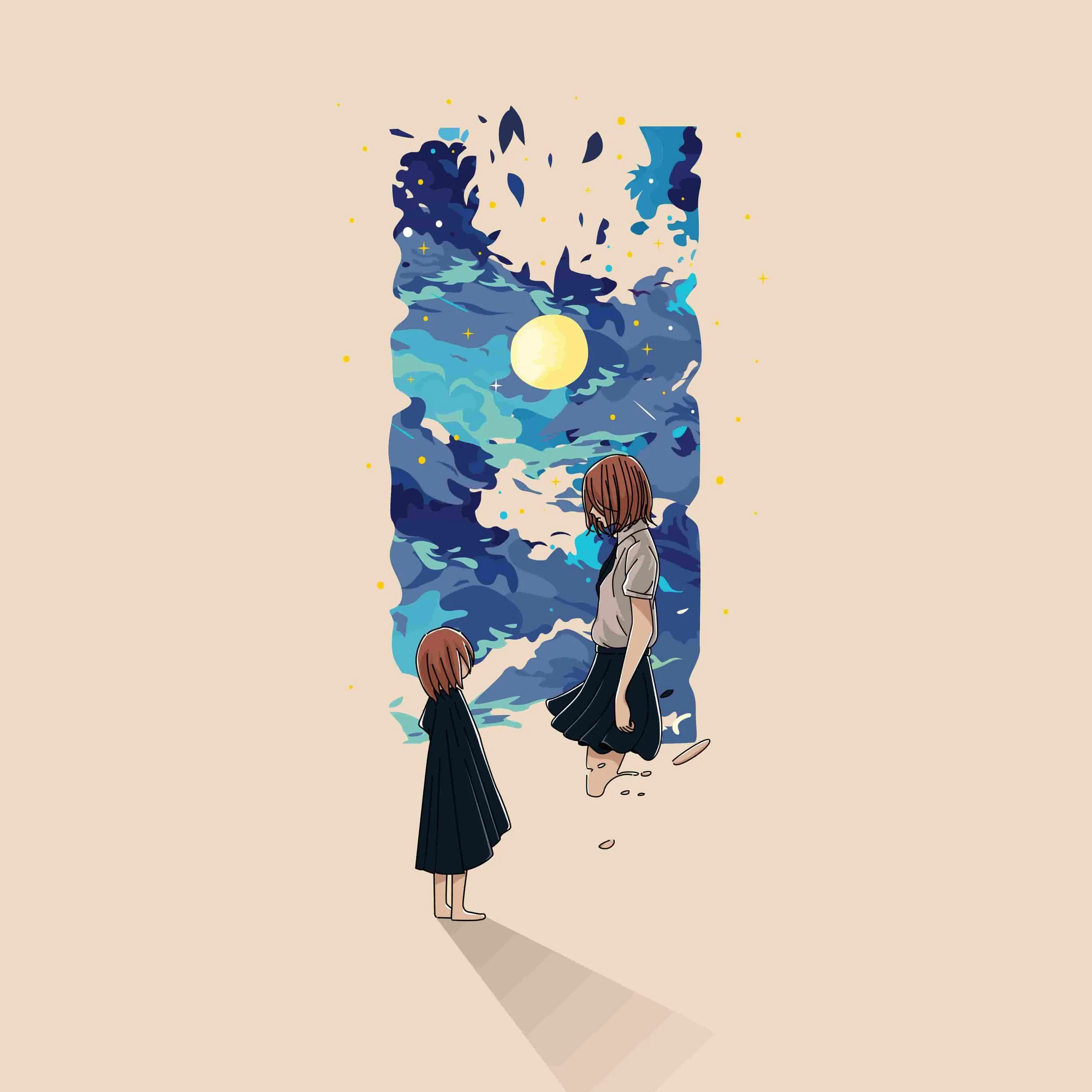 Illustration of a person and their younger self walking toward a bright opening in a dark sky, representing healing from relational trauma in Oklahoma City