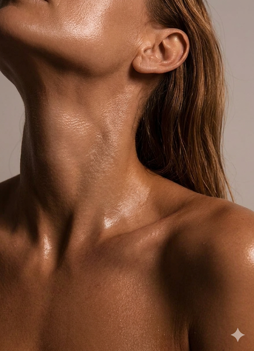 Close-up of a person's neck, shoulder, and part of their face showing wet skin and reddish-brown hair.