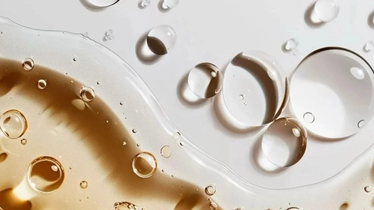 Close-up of various clear and brown oil droplets on a smooth surface.