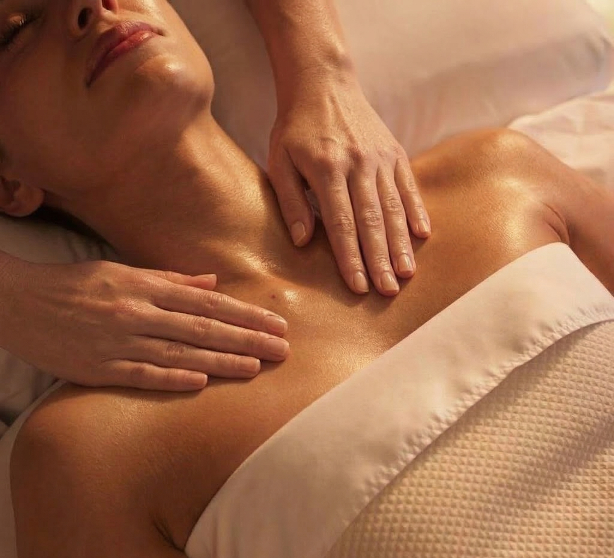 A woman receiving a massage on her shoulder and neck area, lying on a bed or massage table with a white towel or sheet covering her lower body.