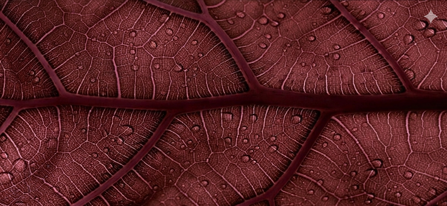 Close-up of a reddish-brown leaf with visible veins and water droplets.