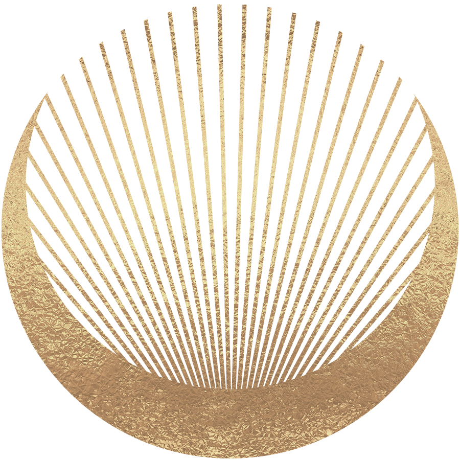 A black and gold spherical object with radial lines and textured bottom edge.