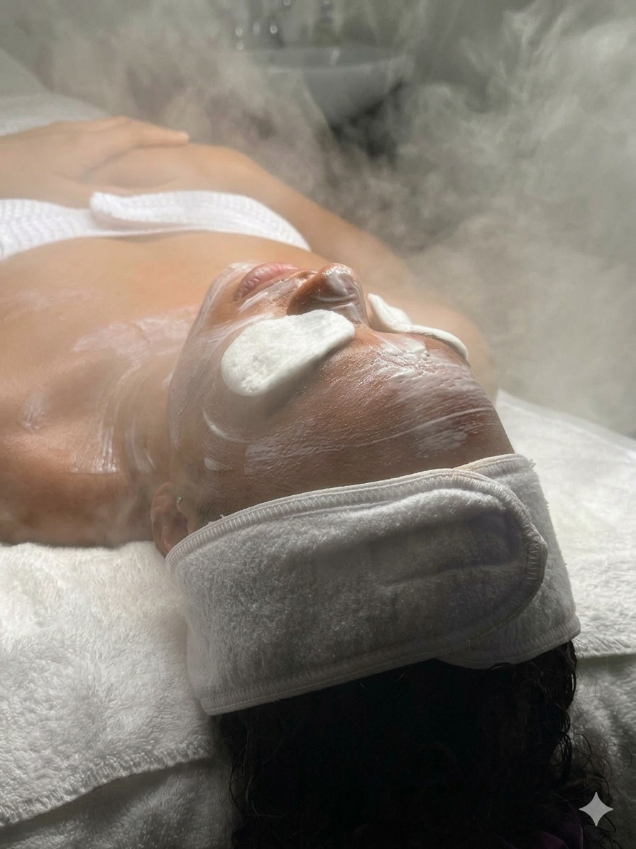 A woman lying on her back receiving a facial treatment, covered with a white headband, with steam rising around her face.