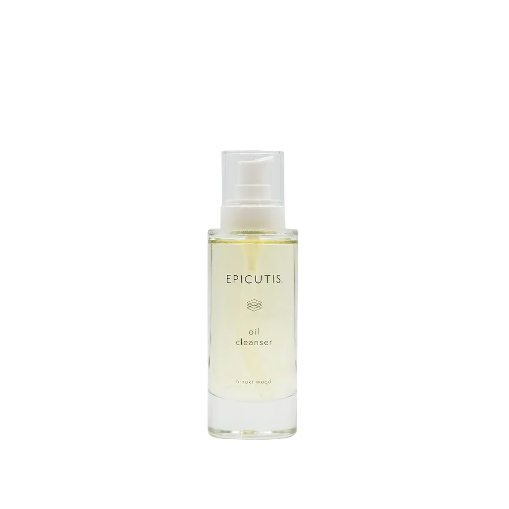 A clear bottle of Epicutis oil cleanser with a pump top, containing light yellow liquid, labeled with product details.