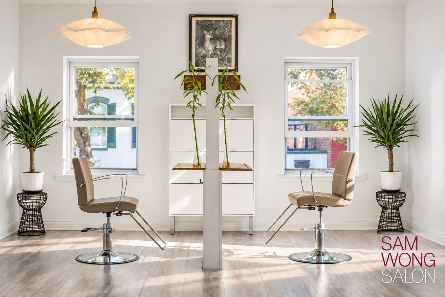 Sam Wong Salon interior with two styling chairs, pendant lights, and plants in a bright, sunlit space.