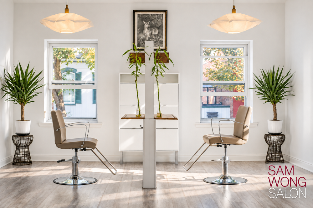 Sam Wong Salon interior with two styling chairs, pendant lights, and plants in a bright, sunlit space.