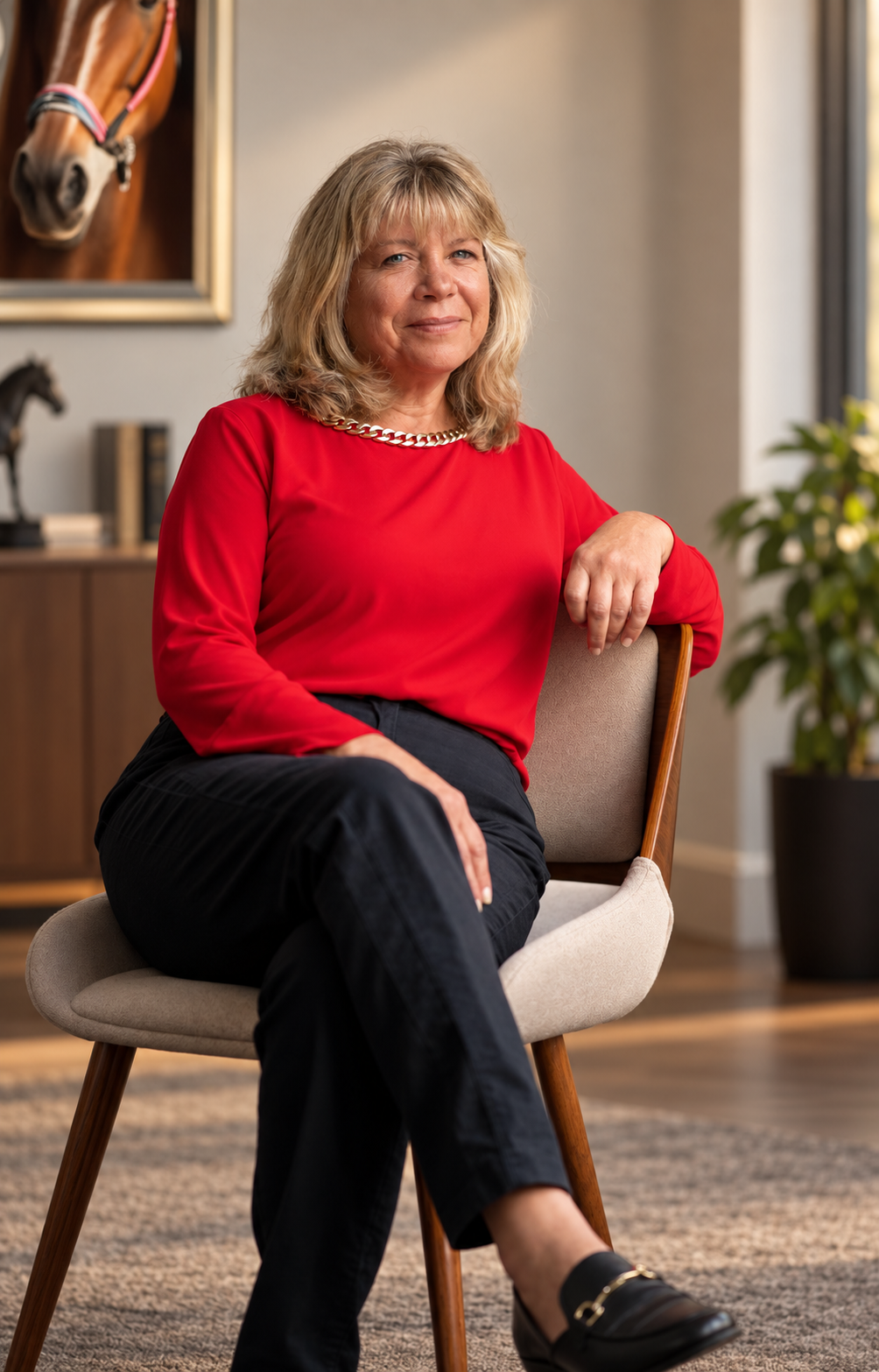 Executive branding portrait of a woman in a red blouse seated in an office with equestrian artwork.