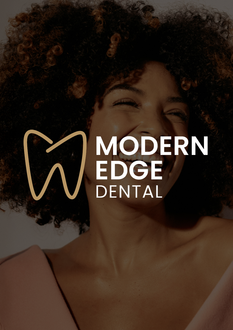 Modern Edge Dental Logo with Woman smiling in background
