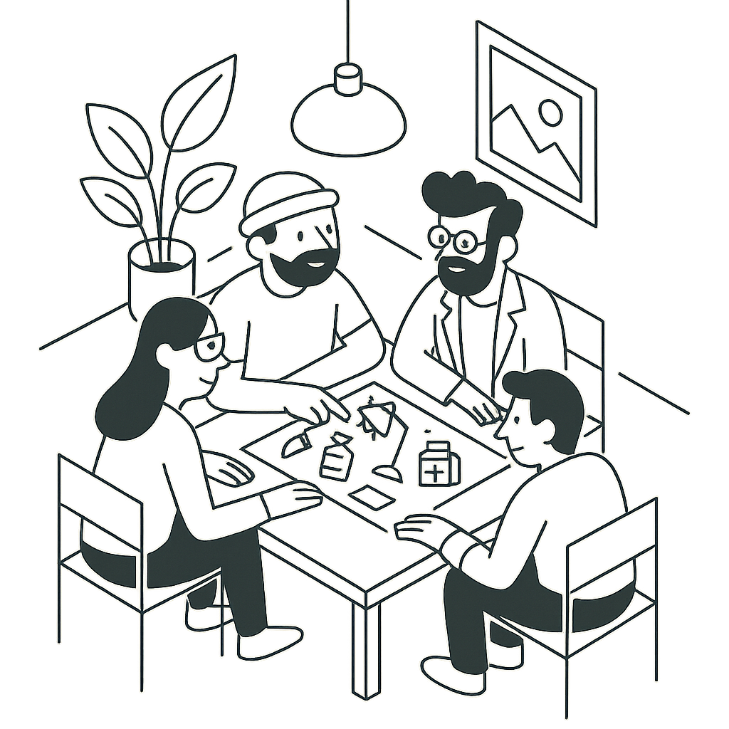 Ilustración de cinco personas jugando a las cartas en una mesa, en un ambiente interior con lámpara y cuadros en la pared.