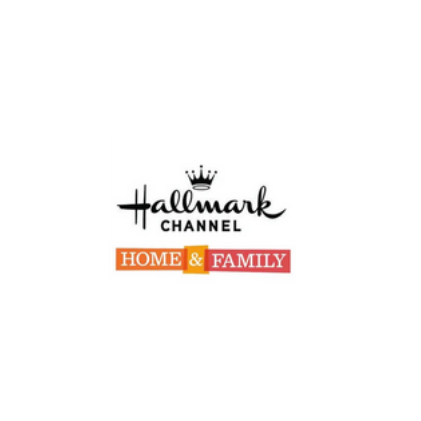 Logo of Hallmark Channel with a crown, featuring the words 'Home & Family' in orange and red blocks.