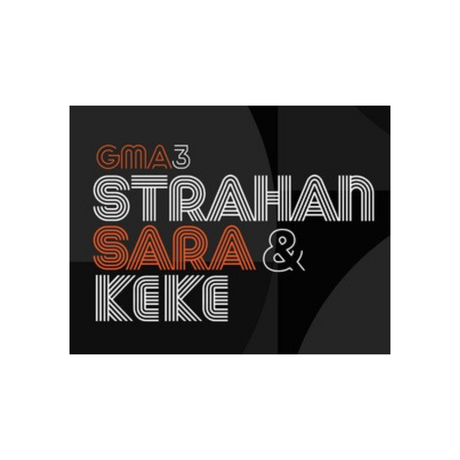 Graphic design with the text 'GMA3 Strahan Sara & Keke' in stylized neon-like font, set against a dark background with geometric shapes.