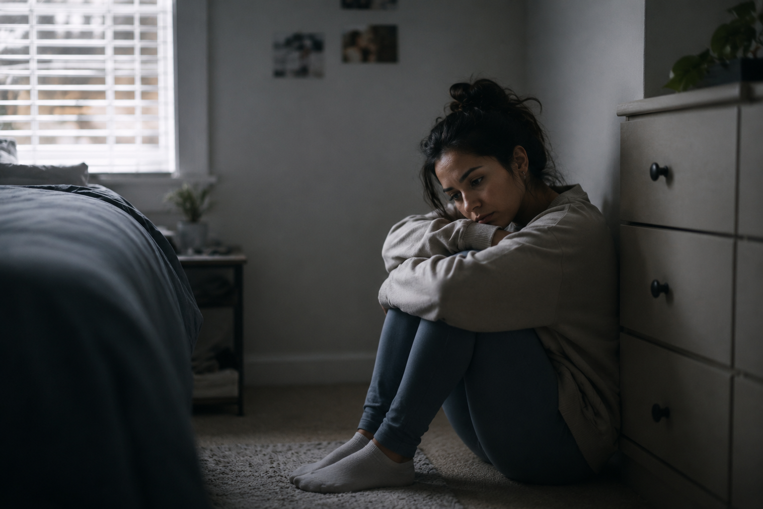 Woman sitting on floor struggling with trauma, looking for therapy in Conyers, GA.
