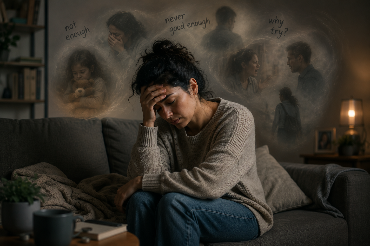 Woman overwhelmed from childhood and adult trauma, looking for counseling in Conyers, GA.