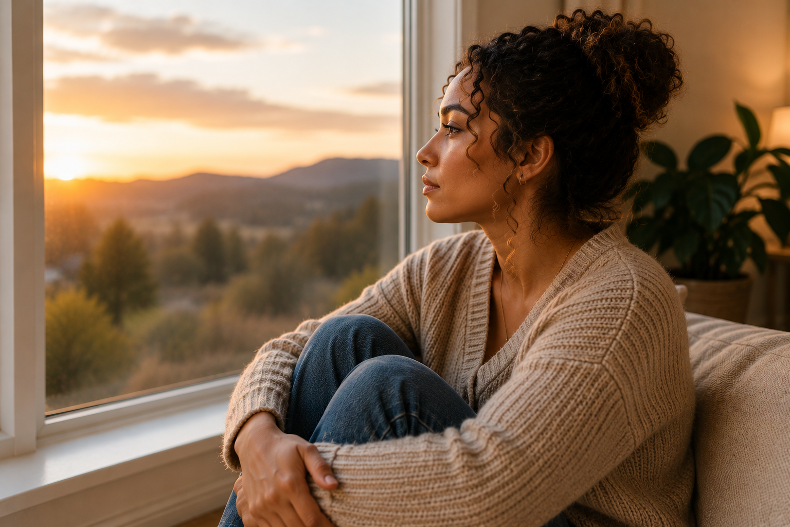 Woman sitting quietly by a window looking outside, reflecting emotional exhaustion, relationship stress, and the search for clarity and peace through counseling for women in difficult relationships in Conyers, GA.
