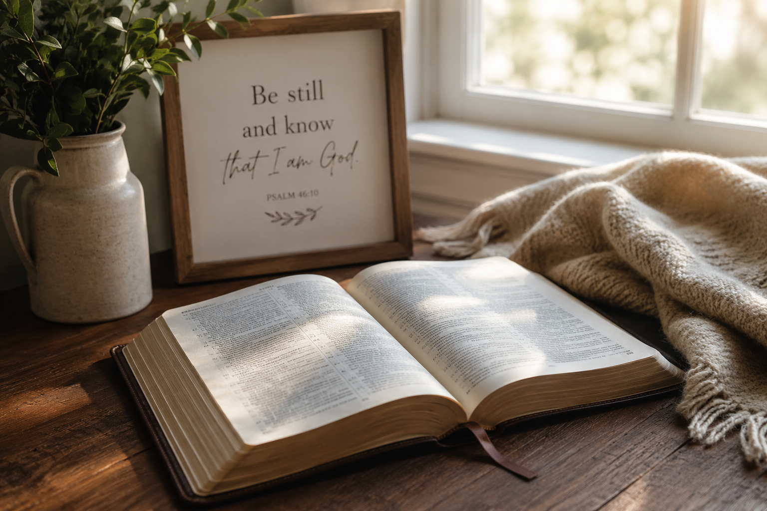 Open Bible resting in a calm, softly lit counseling space, representing Christian counseling for women seeking wisdom, healing, emotional clarity, and healthier relationships grounded in faith.
