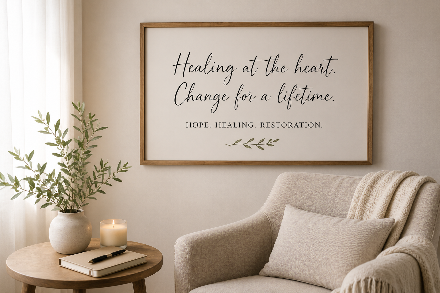 Calming counseling space with an empty chair beneath encouraging wall décor, representing Christian counseling for women seeking healthier relationship patterns, stronger boundaries, emotional clarity, and greater peace in Conyers, GA.