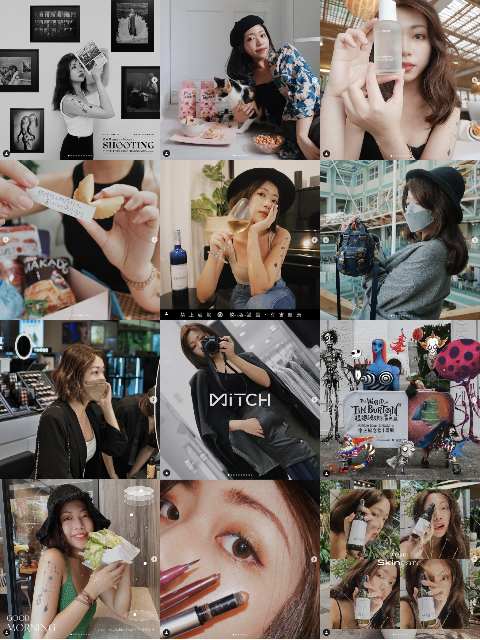 A collage of multiple photos featuring women engaged in various activities such as taking photos, eating, holding skincare products, and exploring at an art exhibit, airport, shopping mall, and outdoor event.