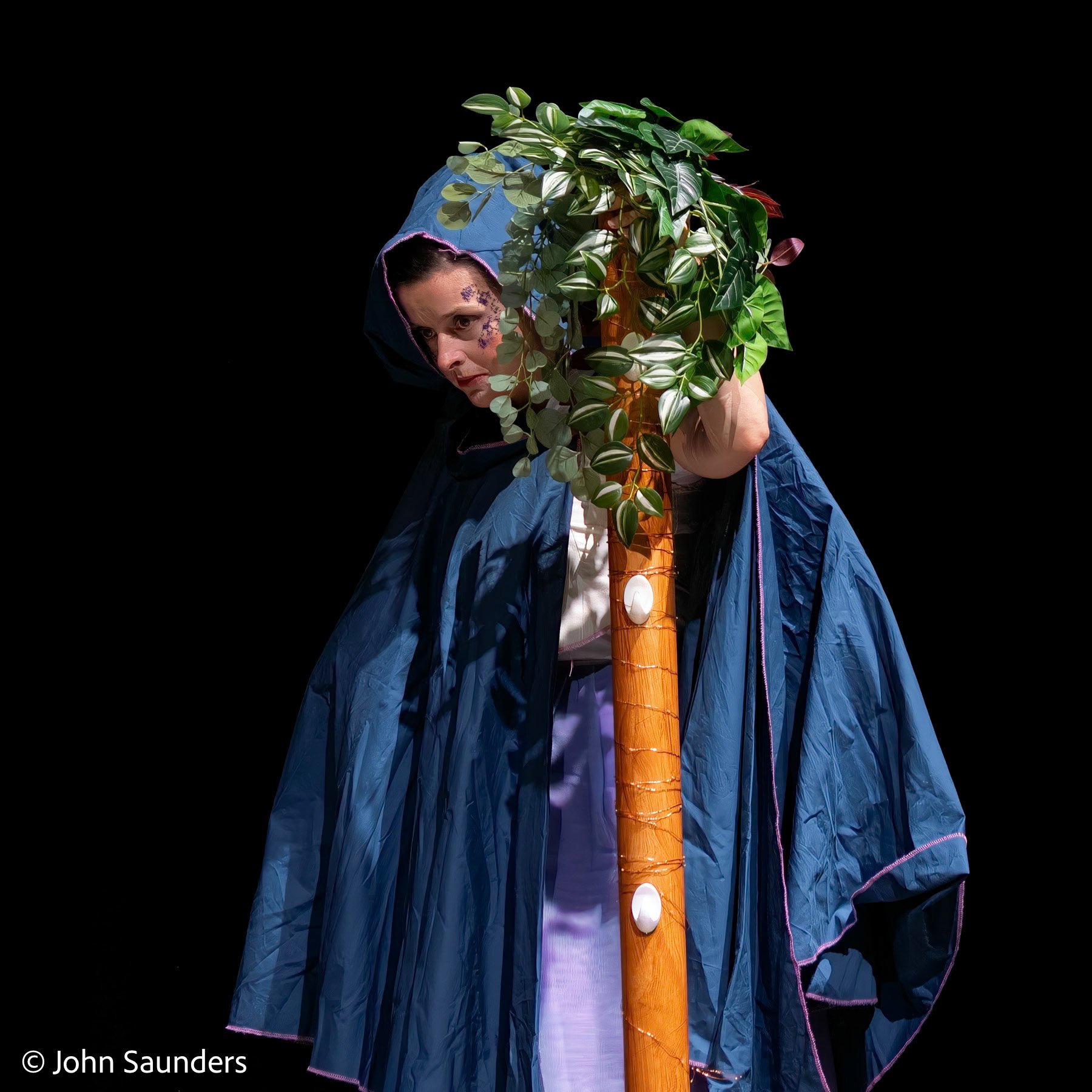 A person dressed in a blue raincoat with a hood, partially hidden behind a small artificial tree with green leaves, standing against a black background.