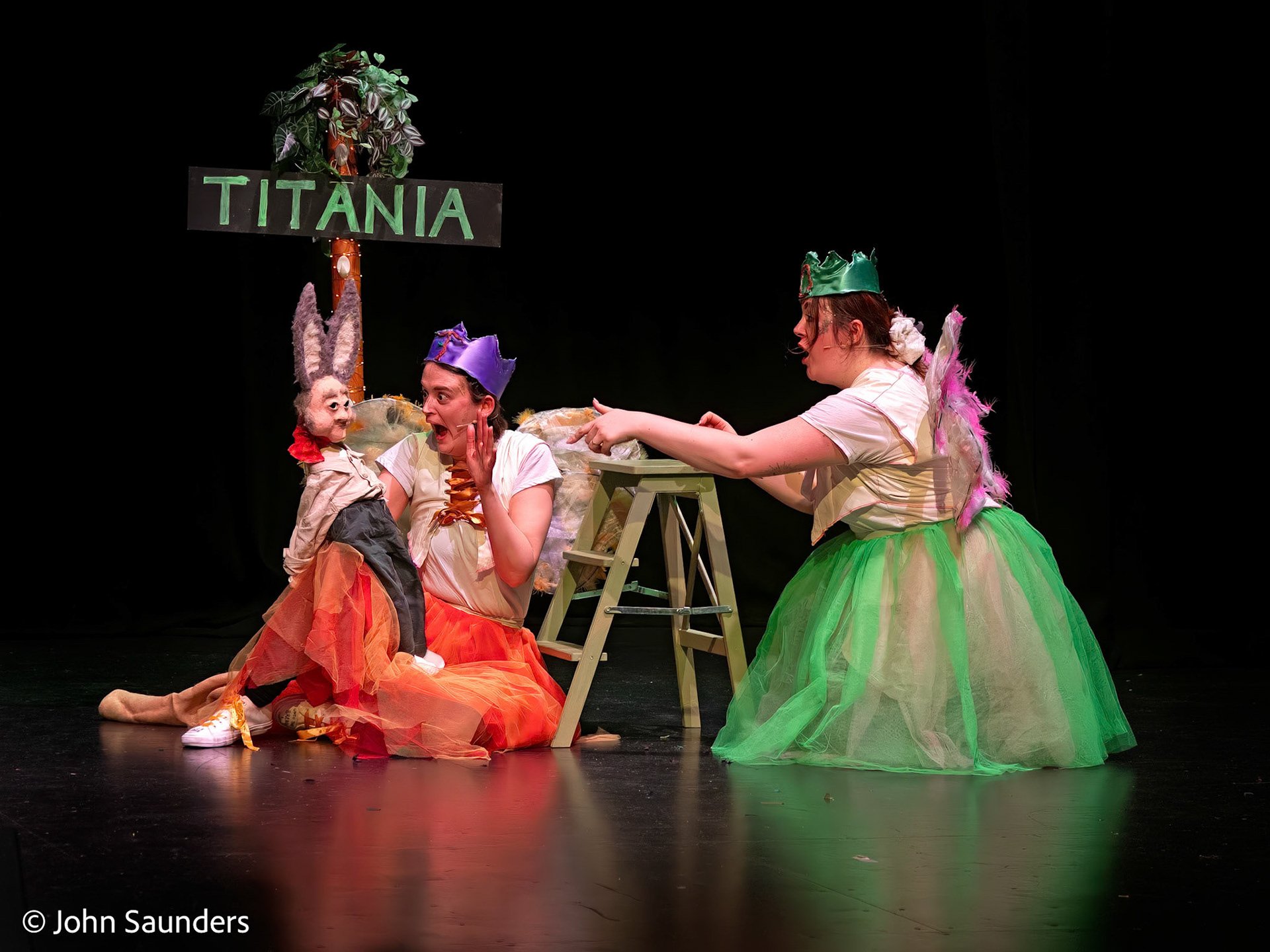 Two women dressed as fairies with colorful skirts and crowns are performing a puppet show on stage. One woman is holding a puppet donkey character, while the other is pointing at it. There is a sign that reads 'TITANIA' and a small ladder on stage.