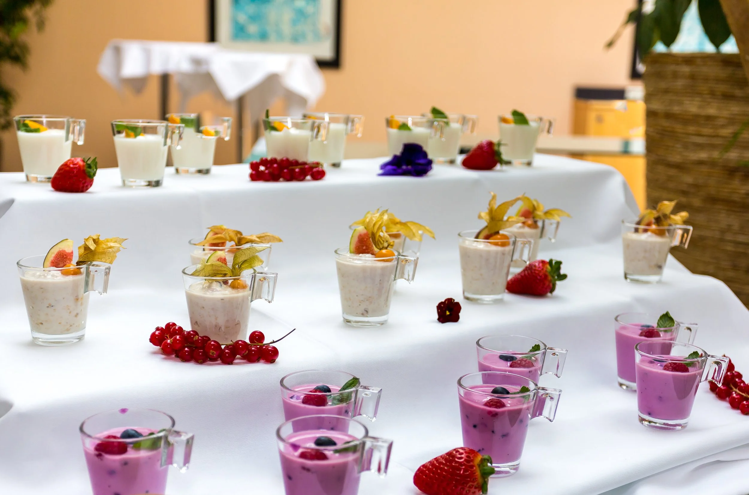Hotel breakfast bar of yoghurts