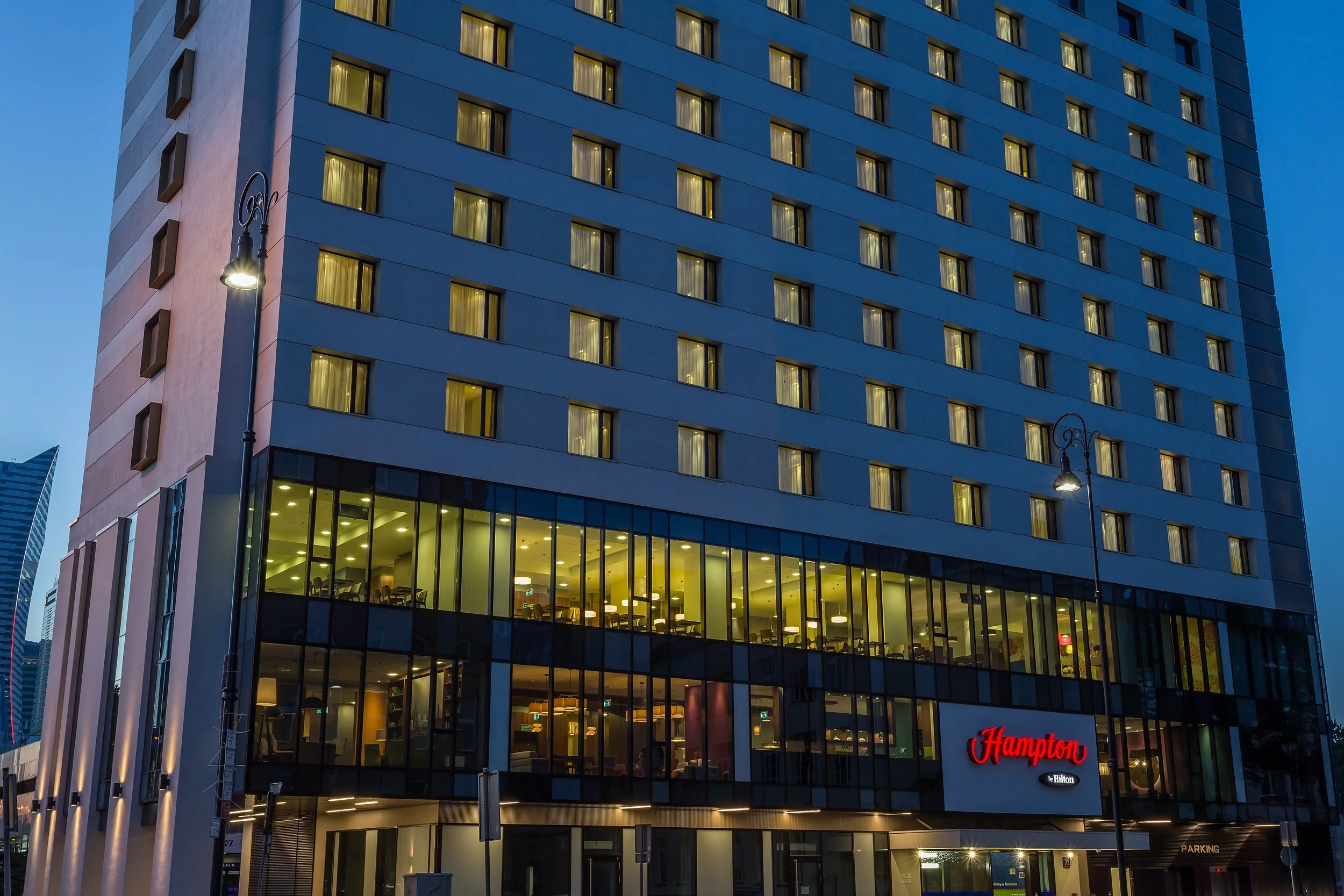 Close crop evening exterior of Hampton by Hilton in Warsaw, Poland