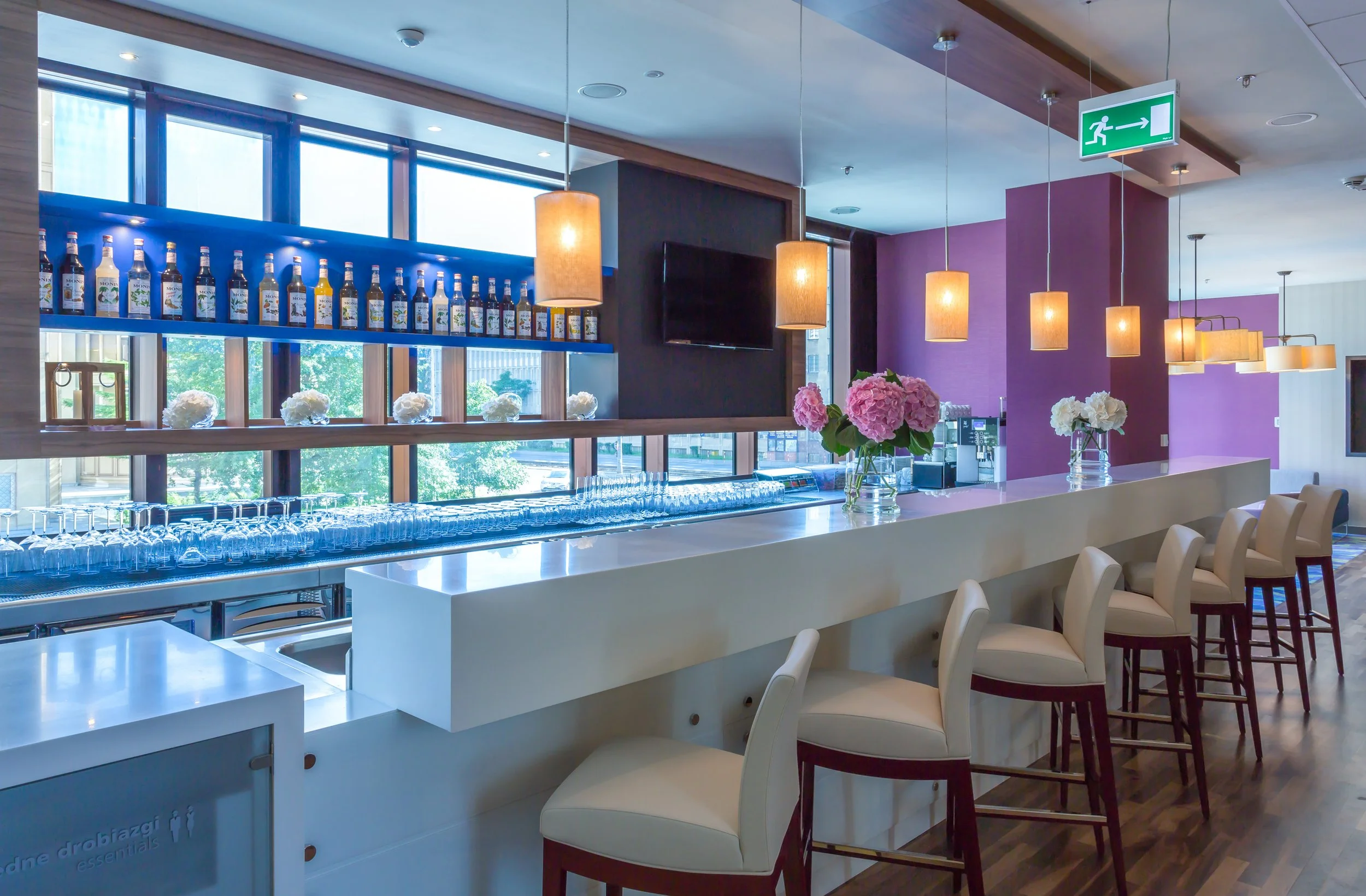 Daytime shot of hotel bar at Hampton by Hilton, Warsaw, Poland