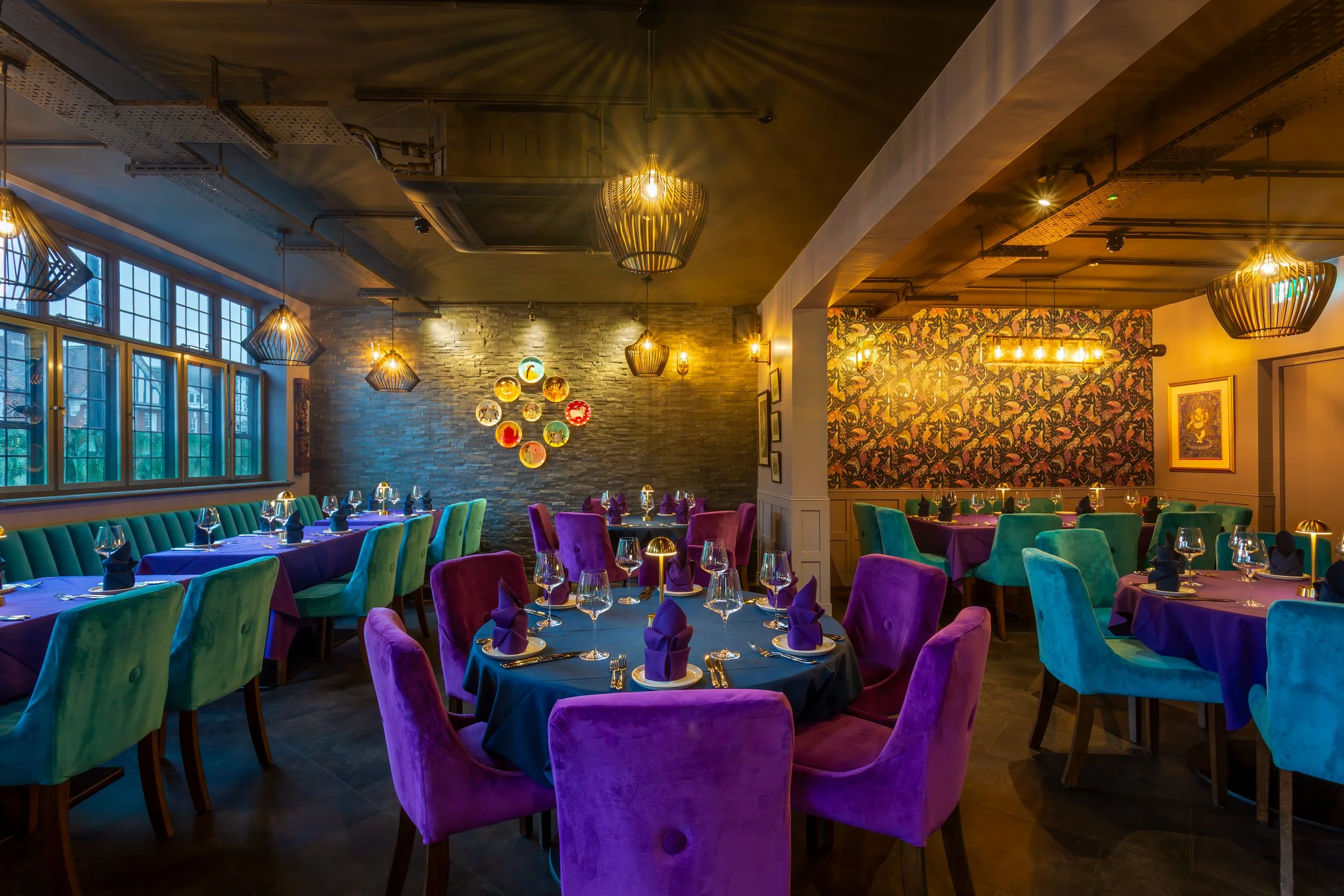 Wide angle large table set for dinner – The Dilli, Haslemere – Restaurant Photography by Sequoia Studios