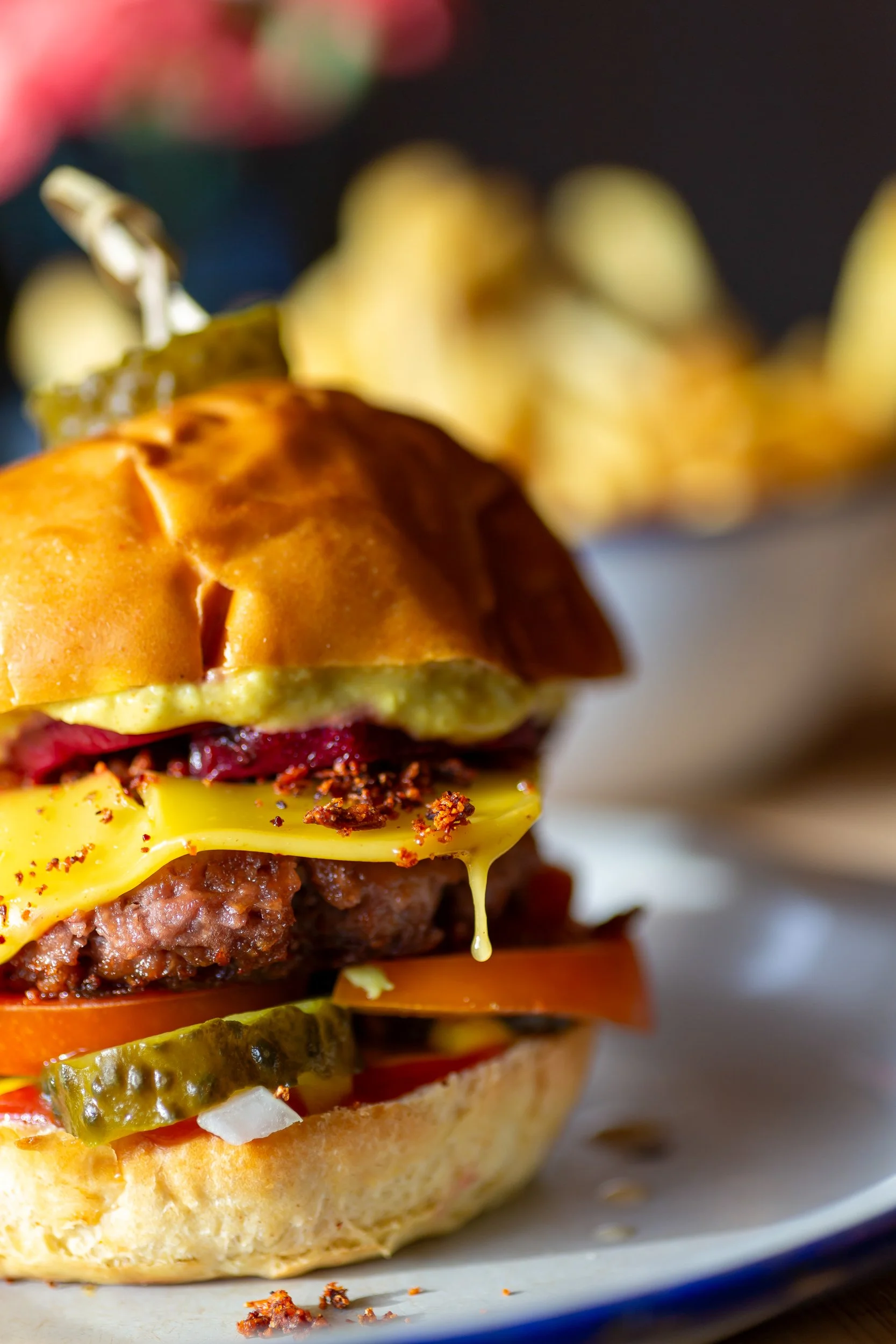 Vegan Junkie burger with melting Violife cheese – The Lion's Den Café, Haslemere, Surrey – Food Photography by Sequoia Studios