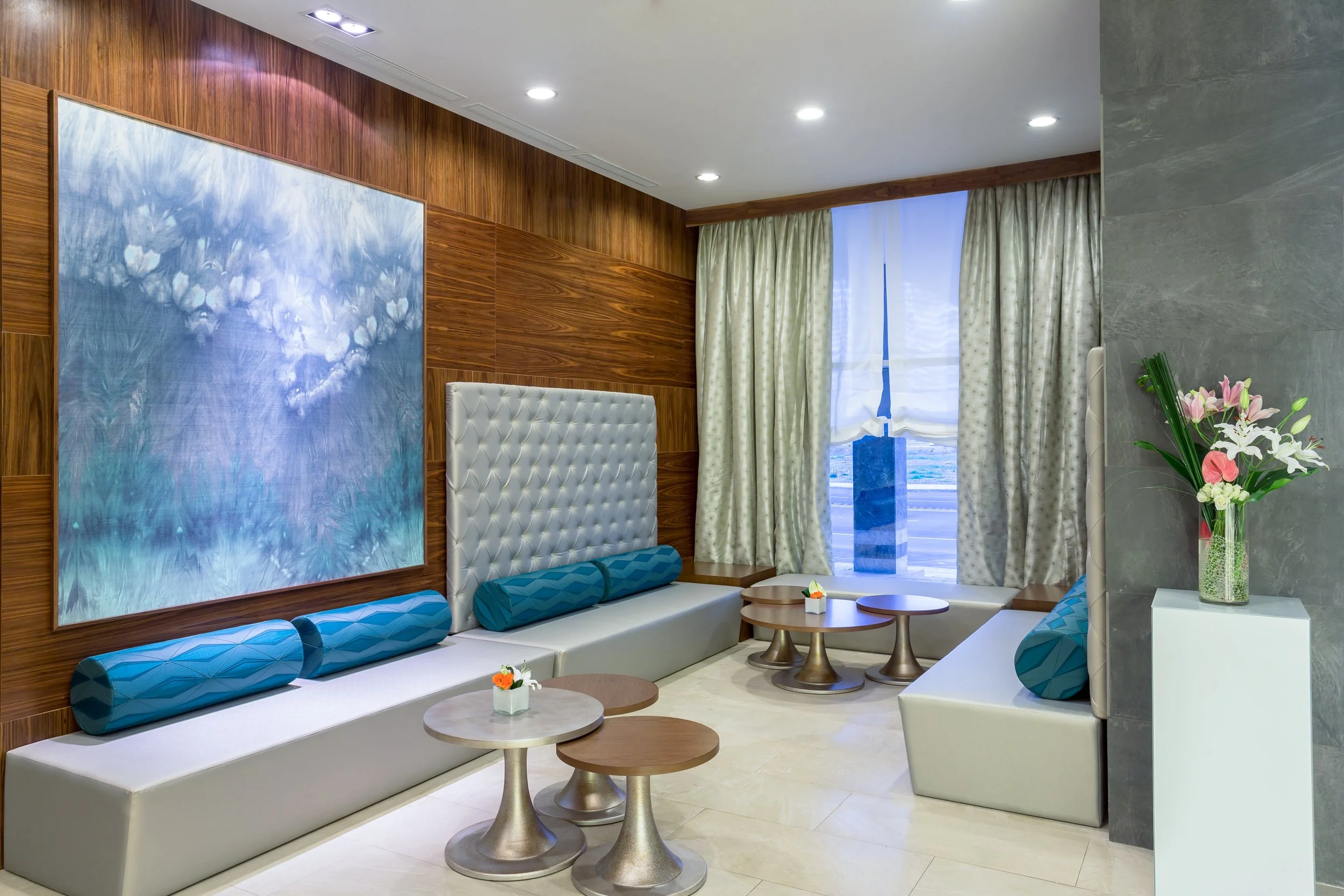 Tight angle shot of lobby seating at Hilton Garden Inn hotel in Tangier, Morocco