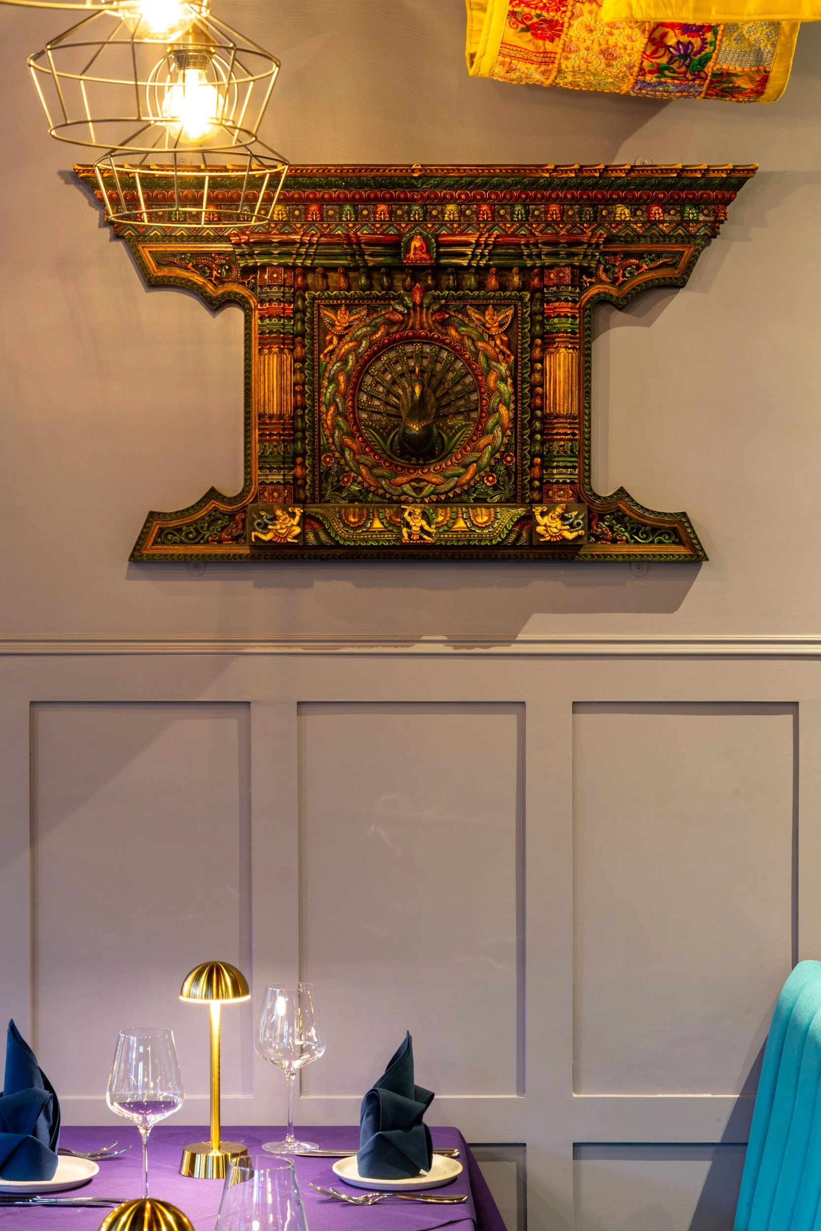 Tight crop of interior symbolic Nepalese details – The Dilli, Haslemere – Restaurant Photography by Sequoia Studios 