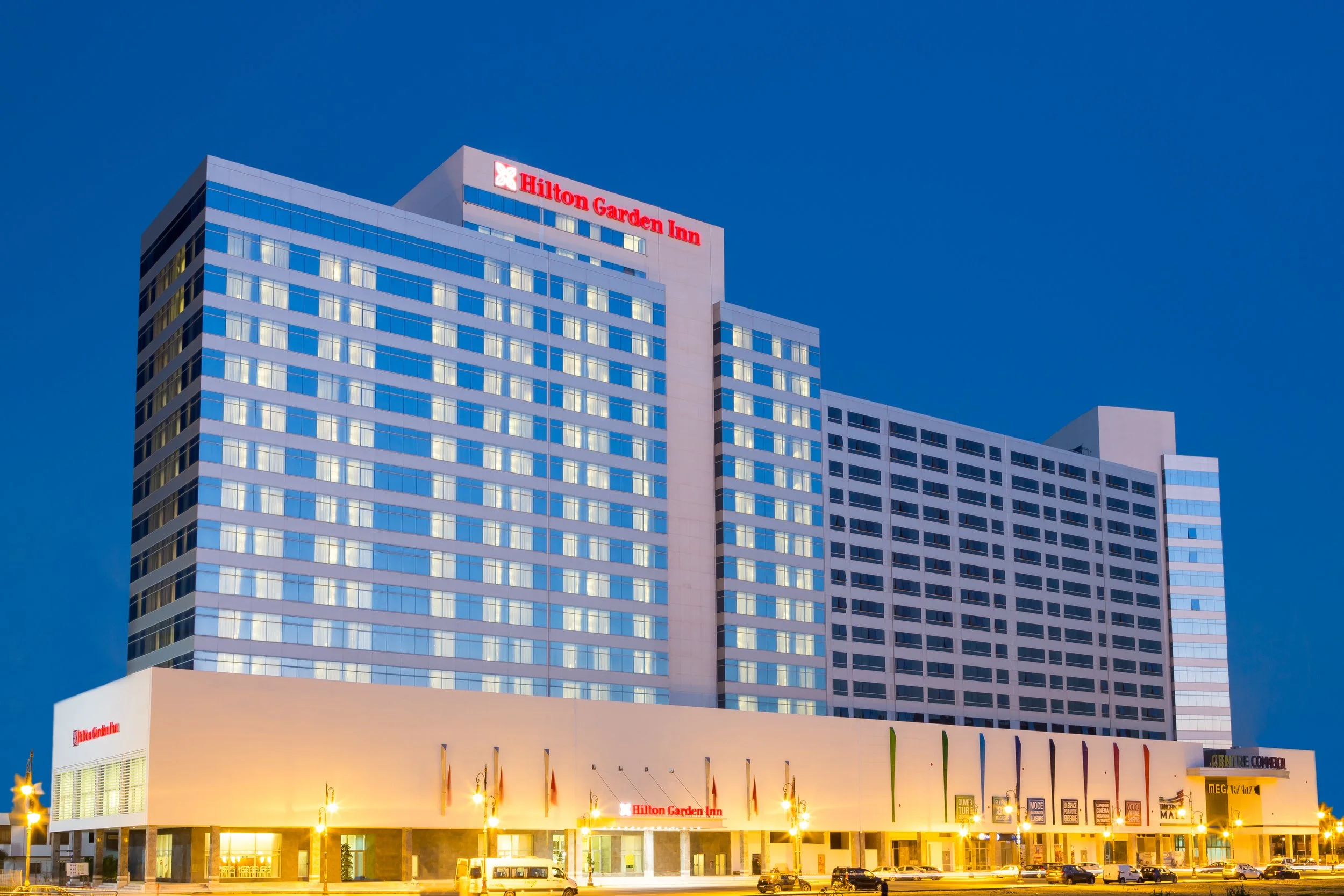 Evening exterior of Hilton Garden Inn hotel in Tangier, Morocco