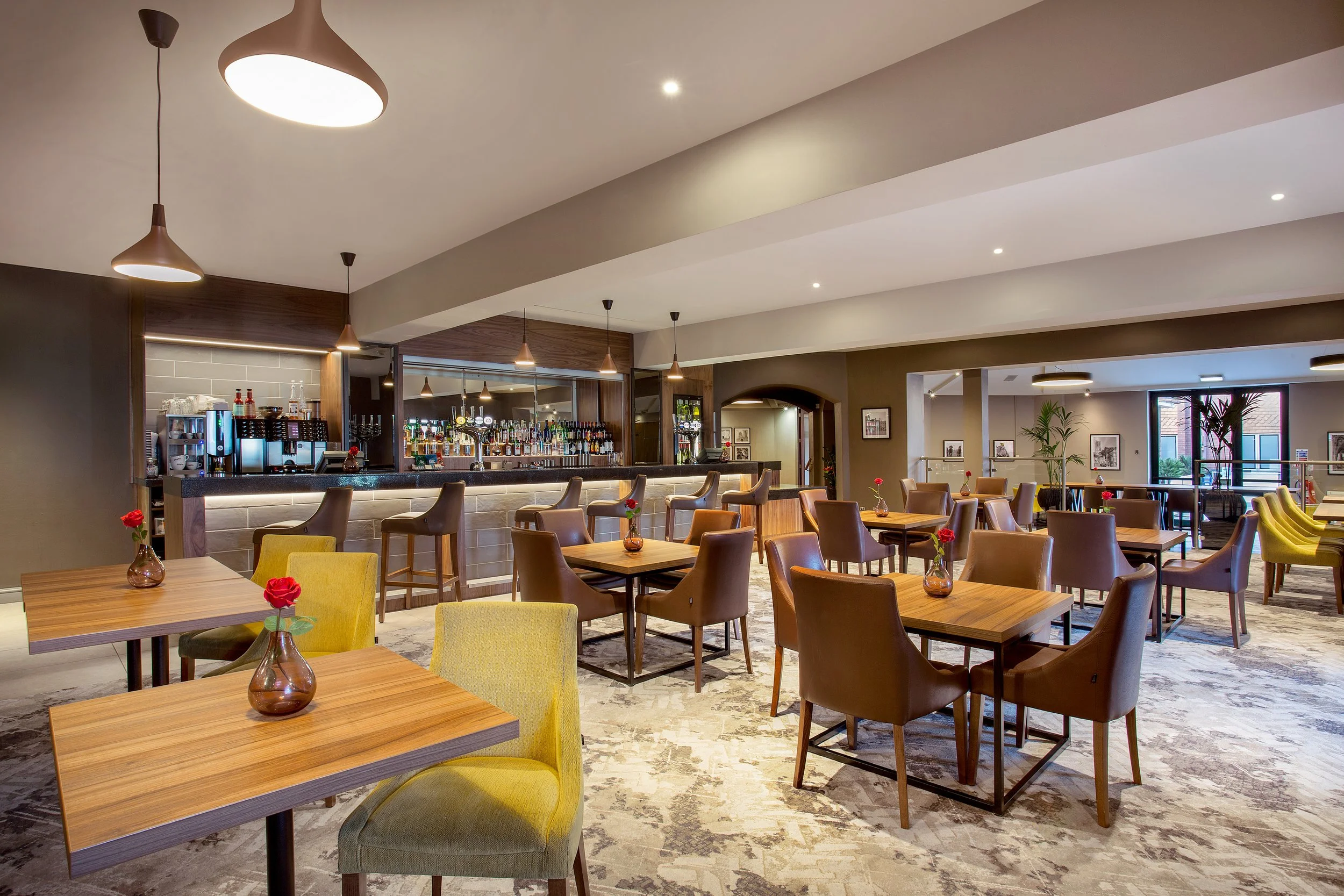 Wide angle view of the hotel bar at Jurys Inn, Hinckley Island