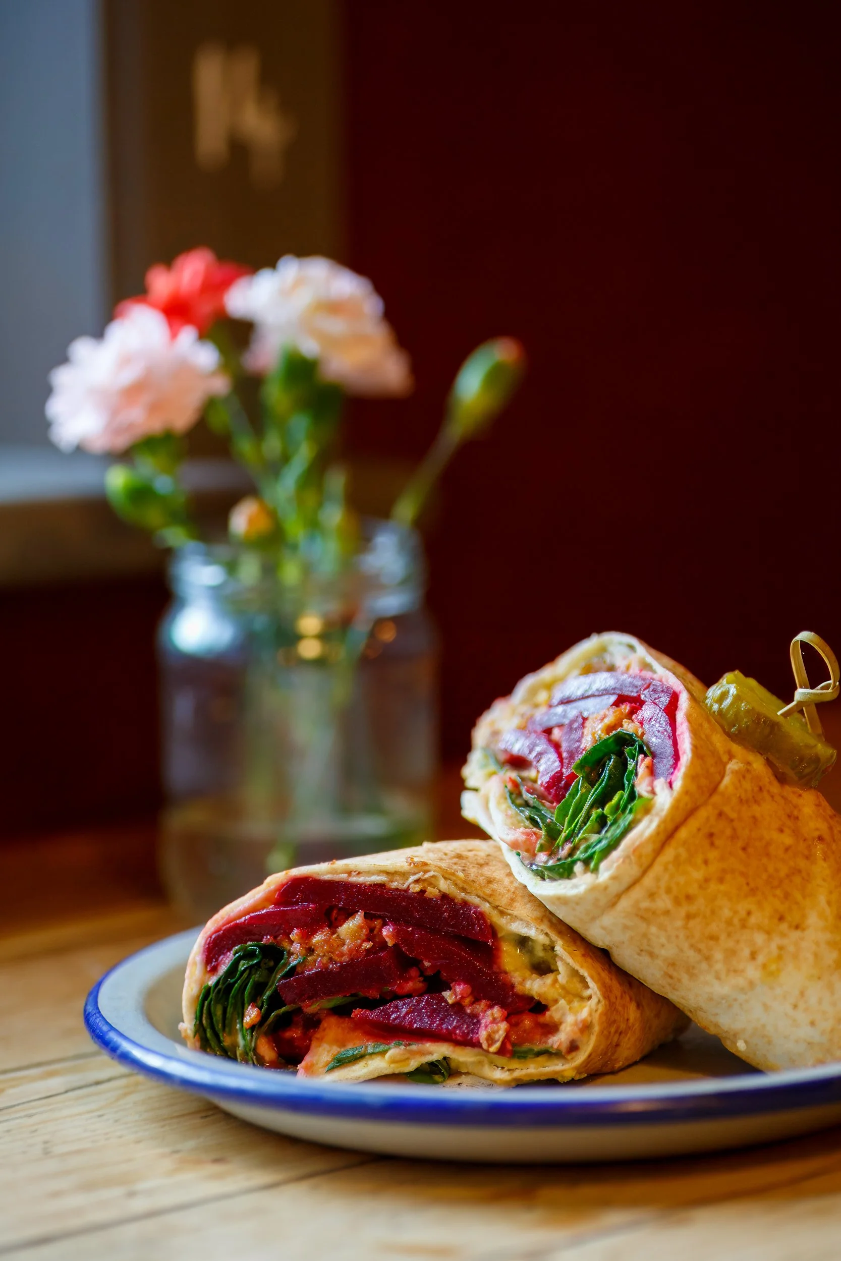 The Vegan Dog Middle Eastern flatbread wrap  – The Lion's Den Café, Haslemere, Surrey – Food Photography by Sequoia Studios
