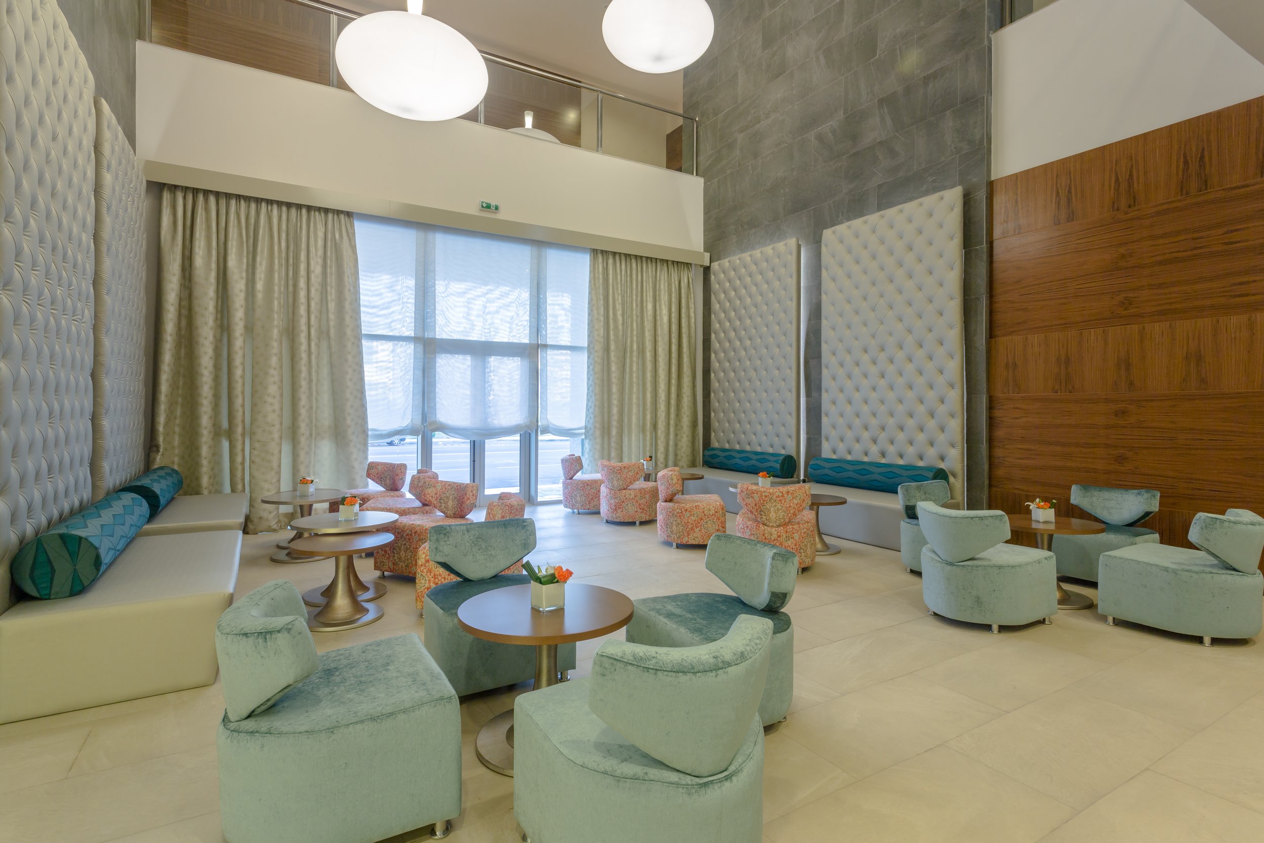 Wide angle shot of lobby seating at Hilton Garden Inn hotel in Tangier, Morocco