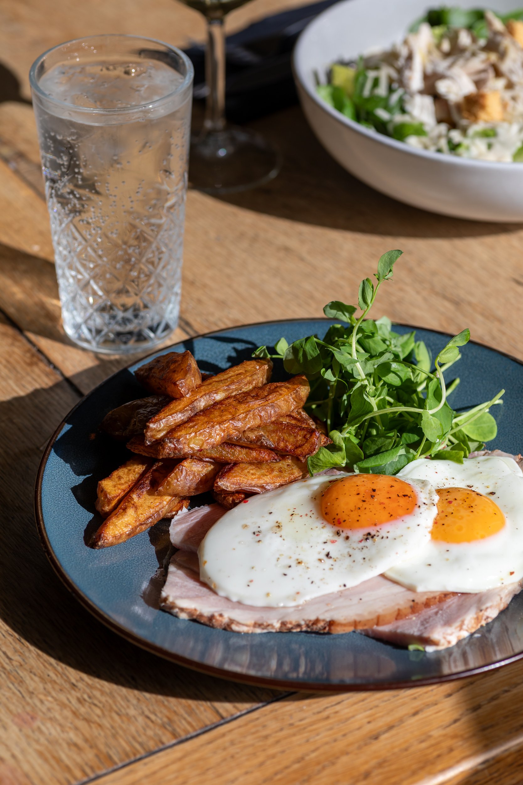 Ham, egg & chips with lemonade at The Folly Wine Bar in Petersfield, Hampshire. Food photography by Sequoia Studios.