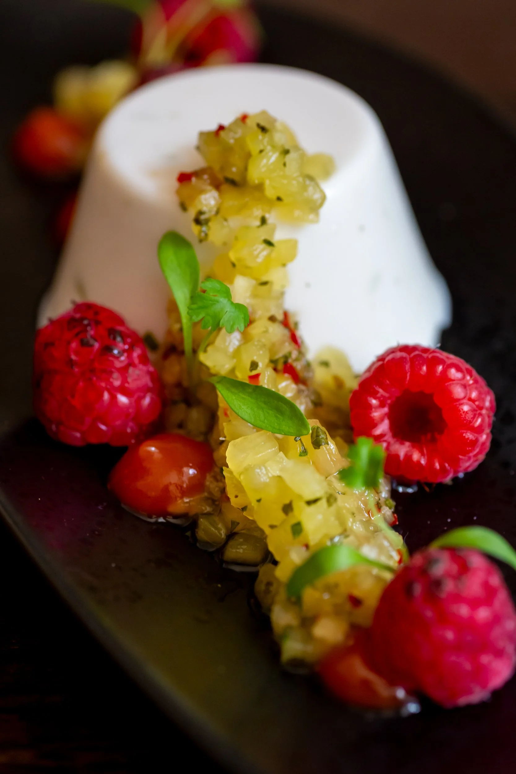 Close up of classic vanilla panna cotta with seared pineapple salsa at The Wheatsheaf Inn Grayswood, Surrey – Pub Food Photography by Sequoia Studios