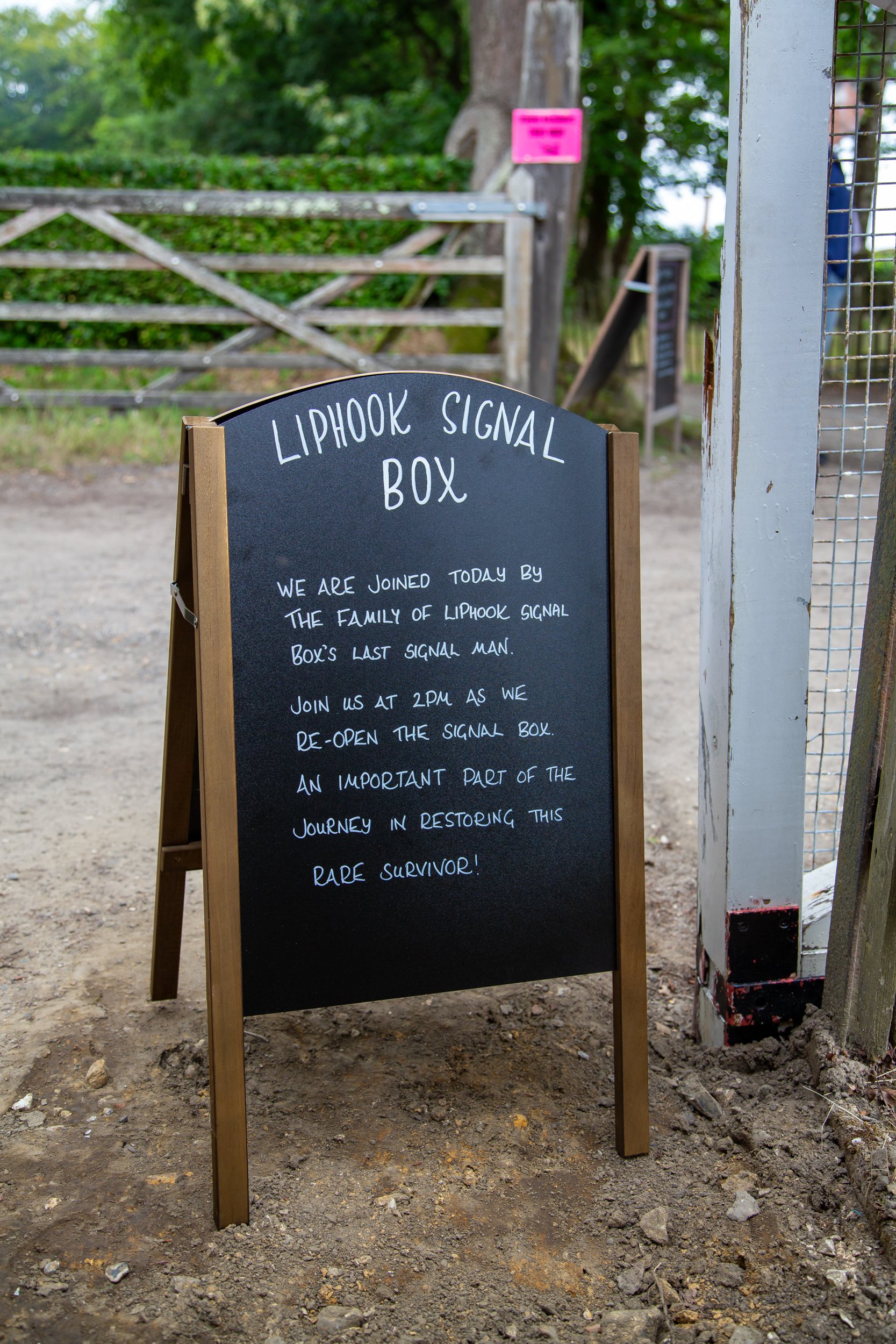Chalkboard announcing opening of de-commissioned Liphook Signal Box – Hollycombe Steam In The Country – Charitable Event Photography by Sequoia Studios