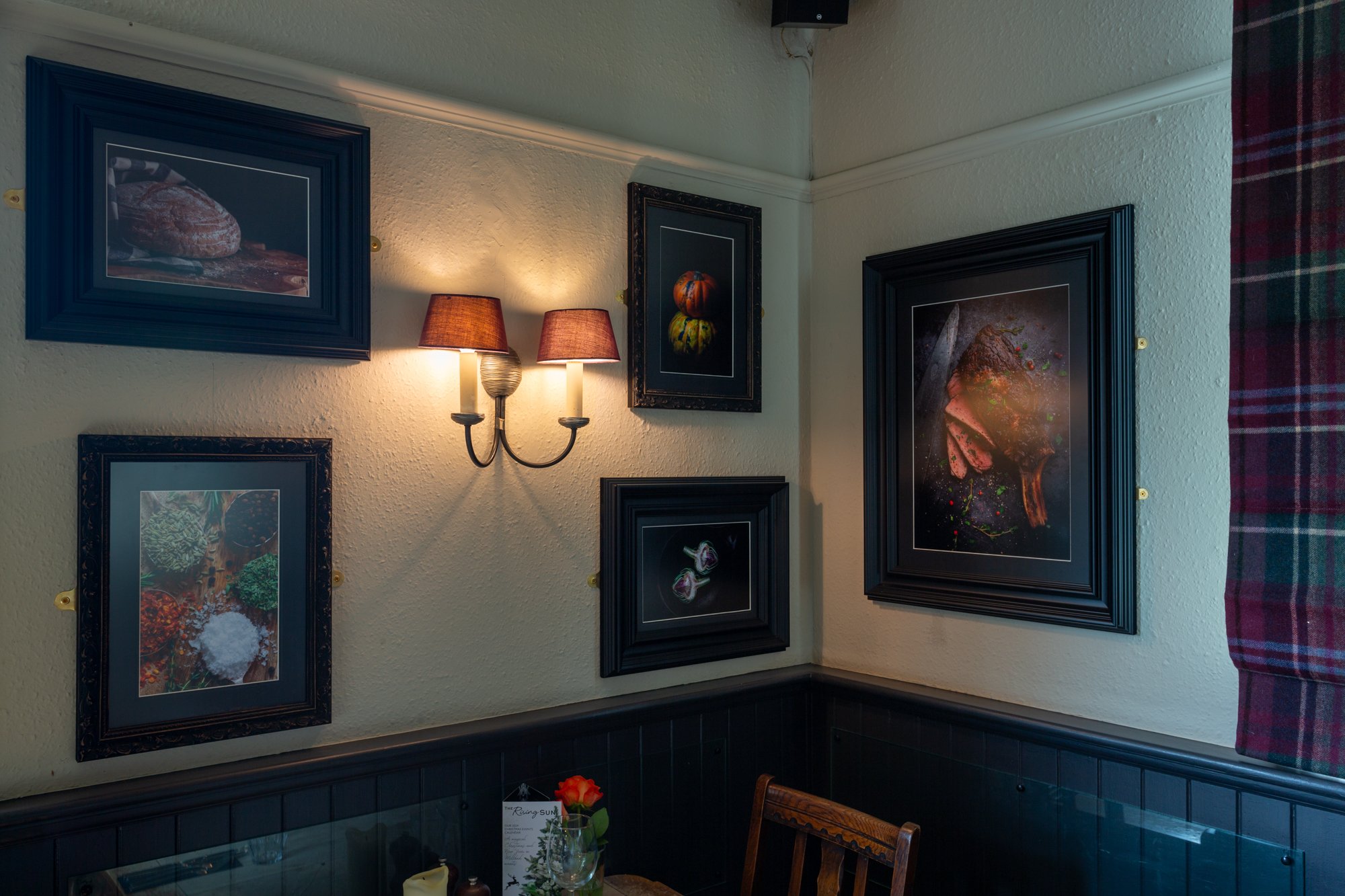 A corner of the dining room at The Rising Sun, Milland with fine art food photography by Sequoia Studios
