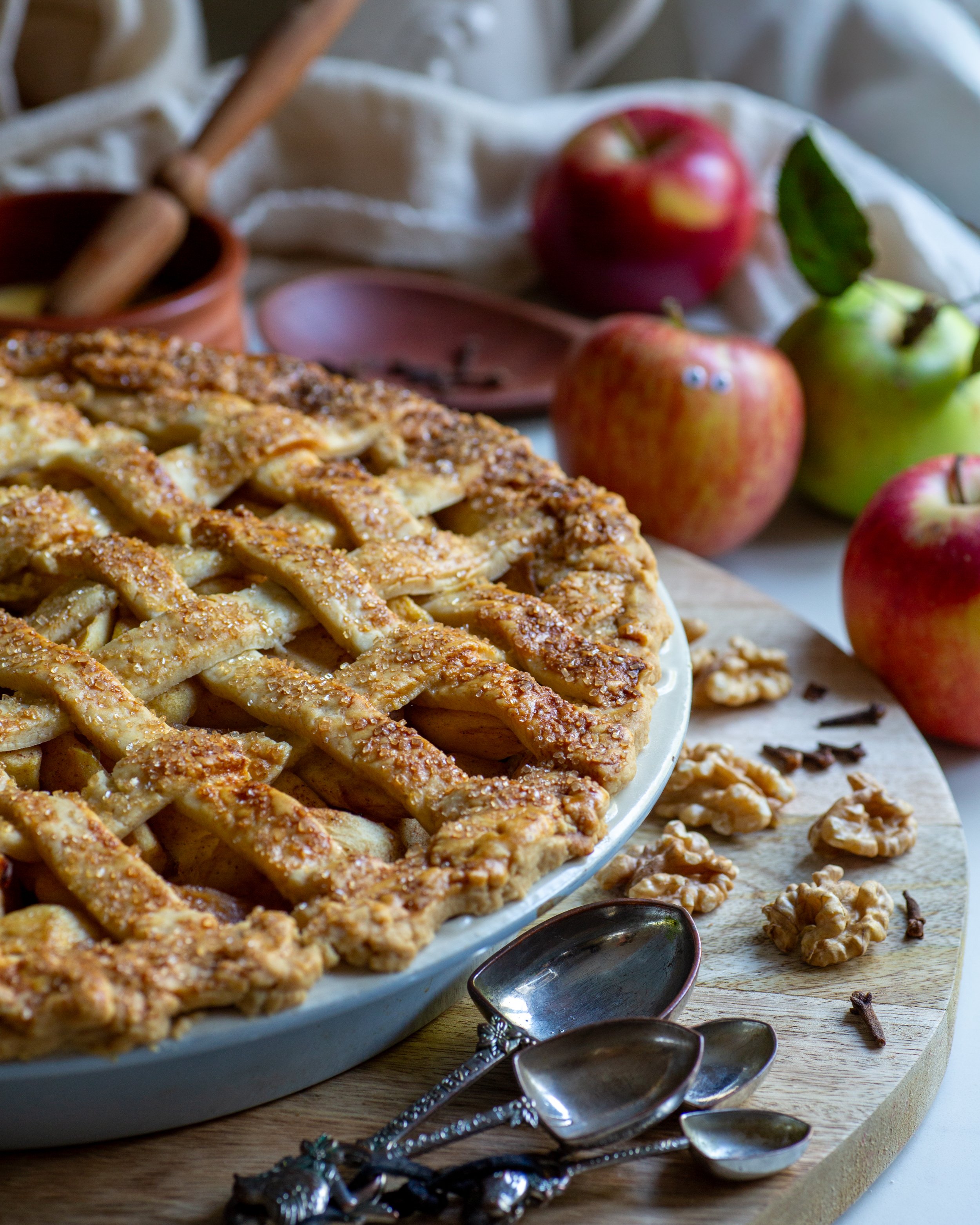Homemade latticed apple pie fresh from the oven