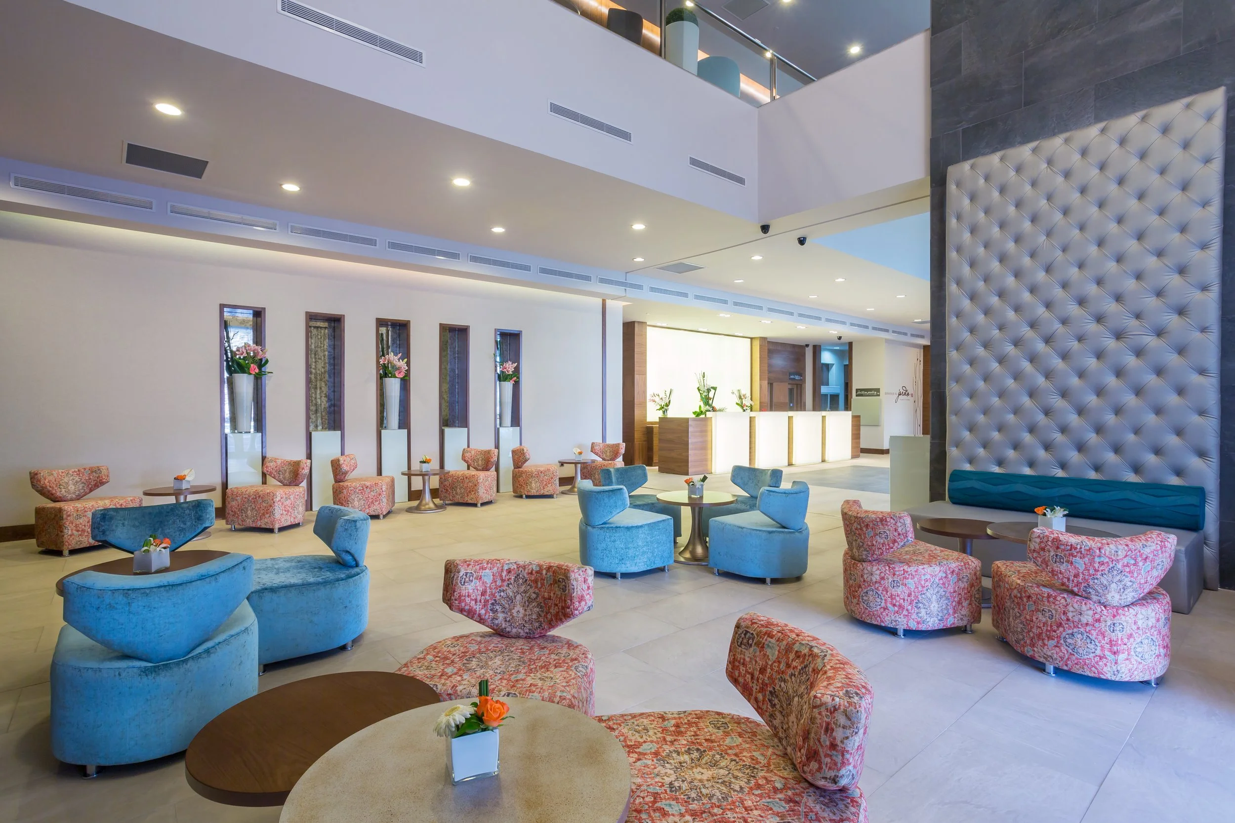 Ultra wide angle shot of lobby seating at Hilton Garden Inn hotel in Tangier, Morocco