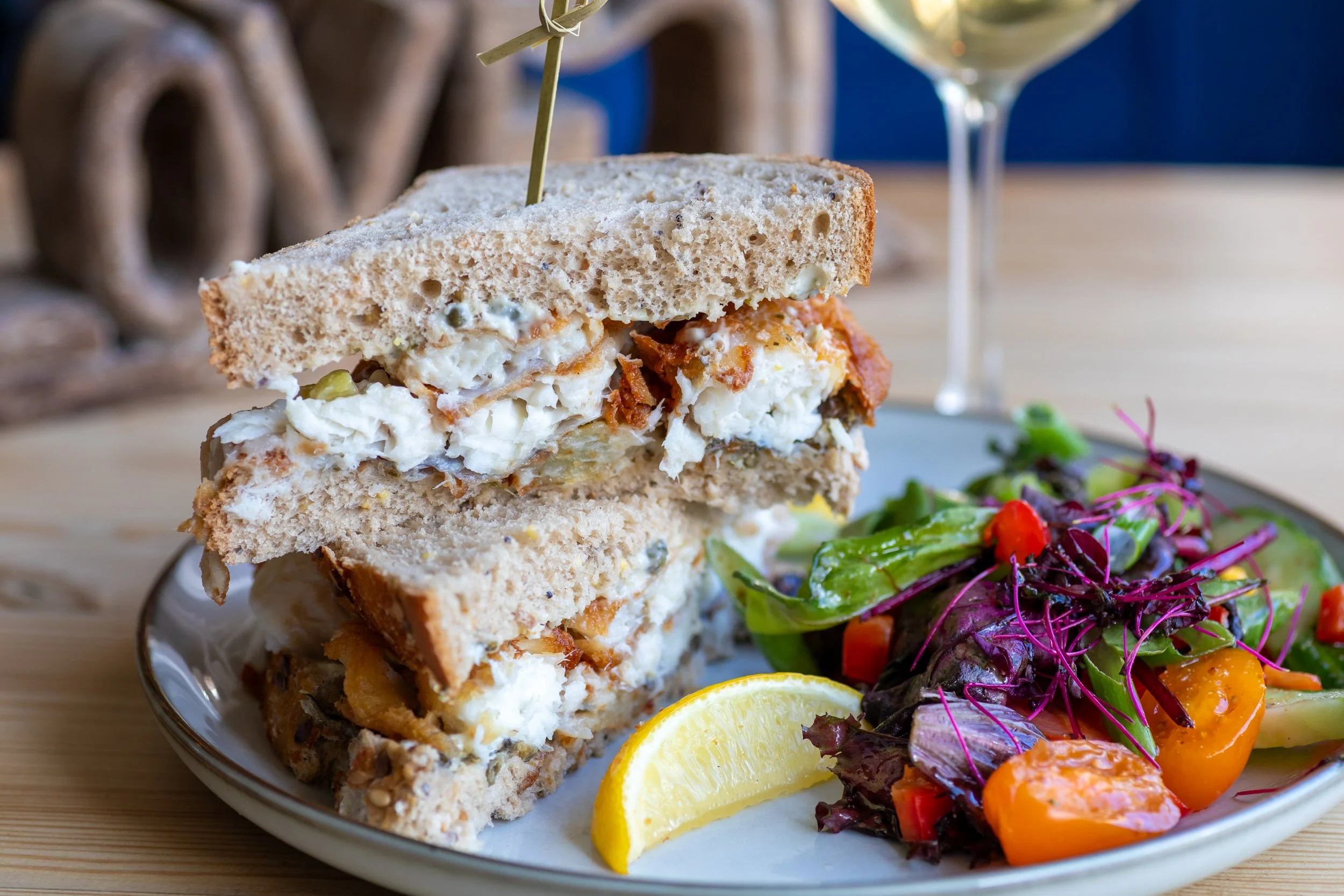 Fish finger sandwich at The Folly Wine Bar in Petersfield, Hampshire. Food photography by Sequoia Studios.