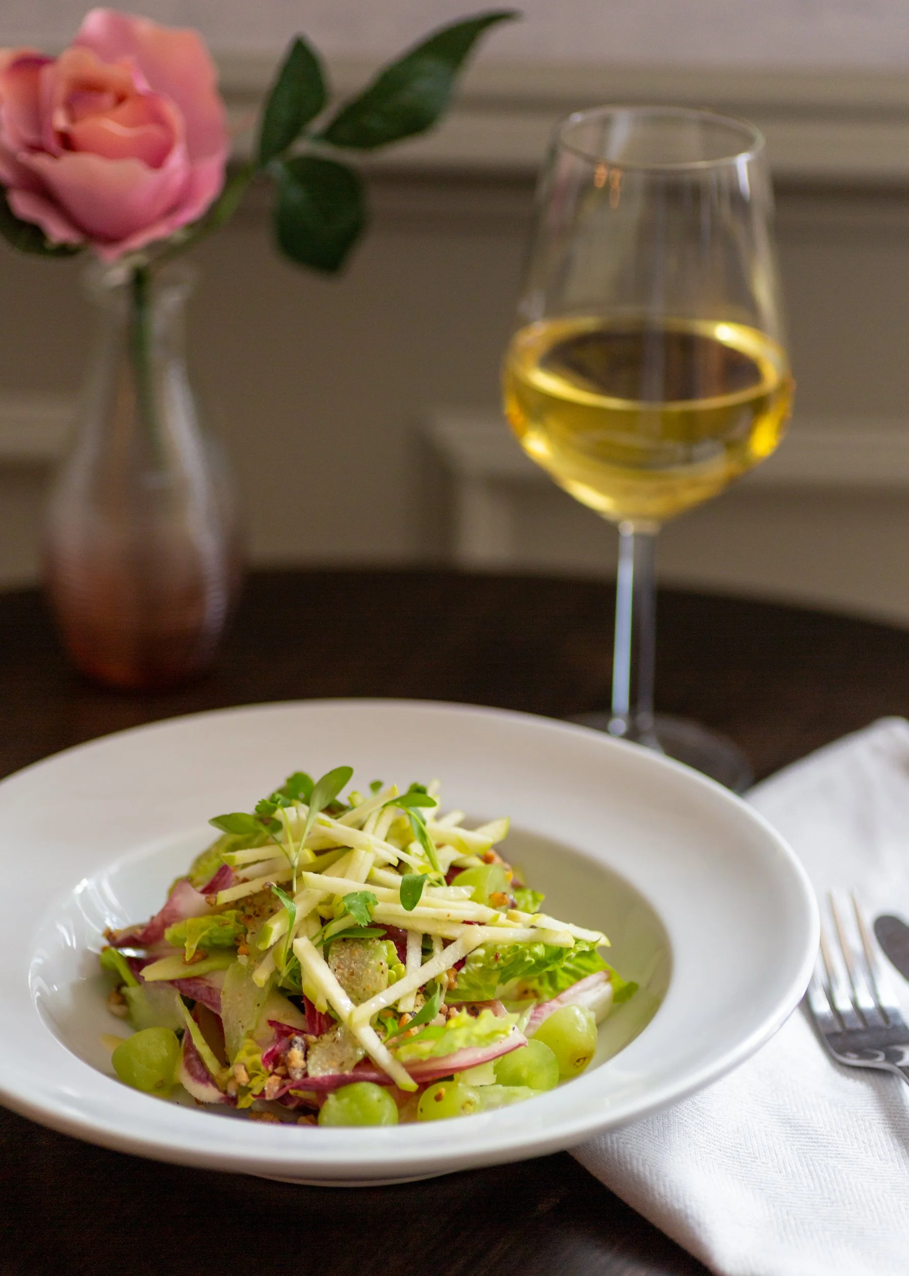 Classic Waldorf salad, paired with white wine at The Wheatsheaf Inn Grayswood, Surrey – Food Photography by Sequoia Studios