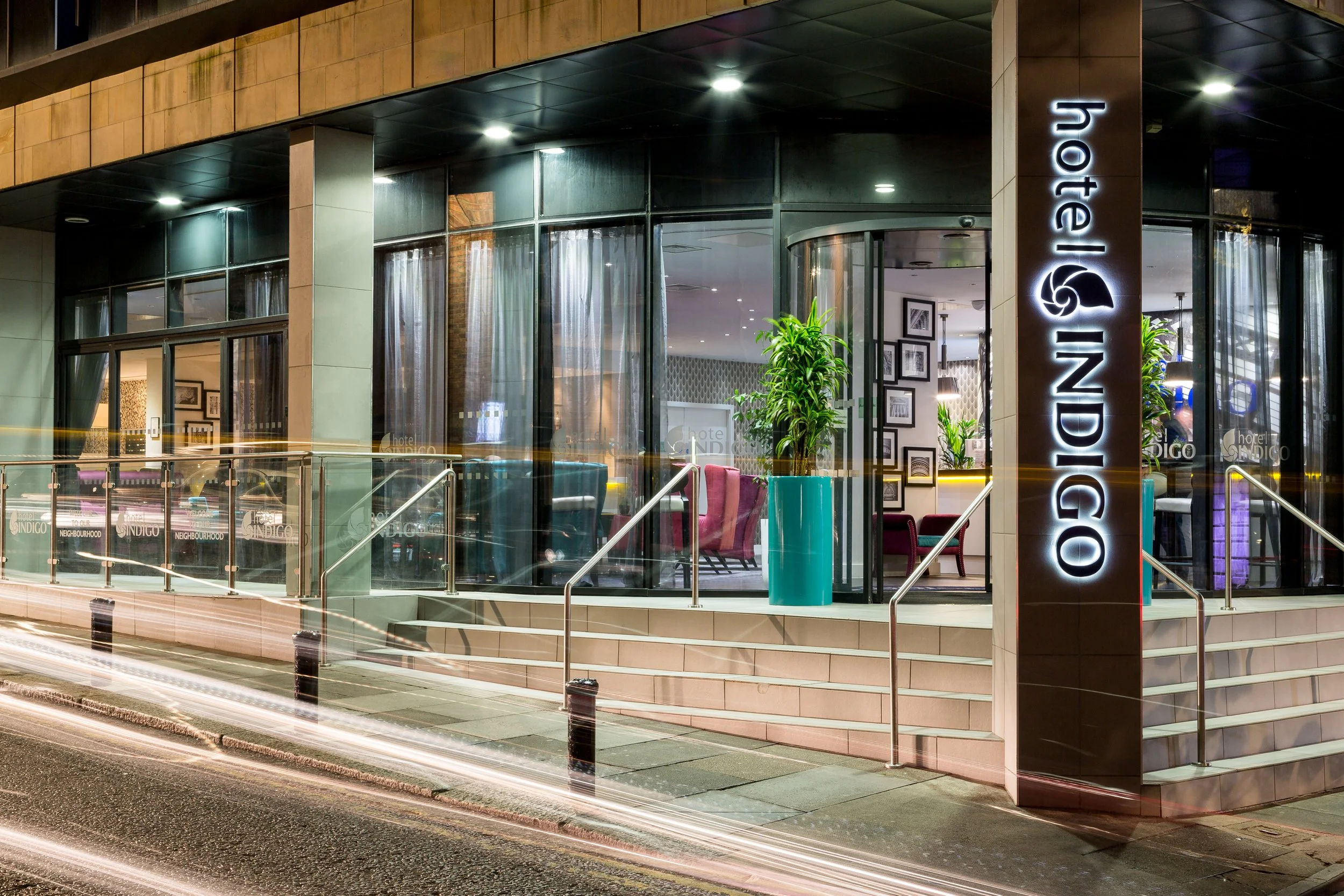 Long exposure evening exterior of Hotel Indigo, Newcastle