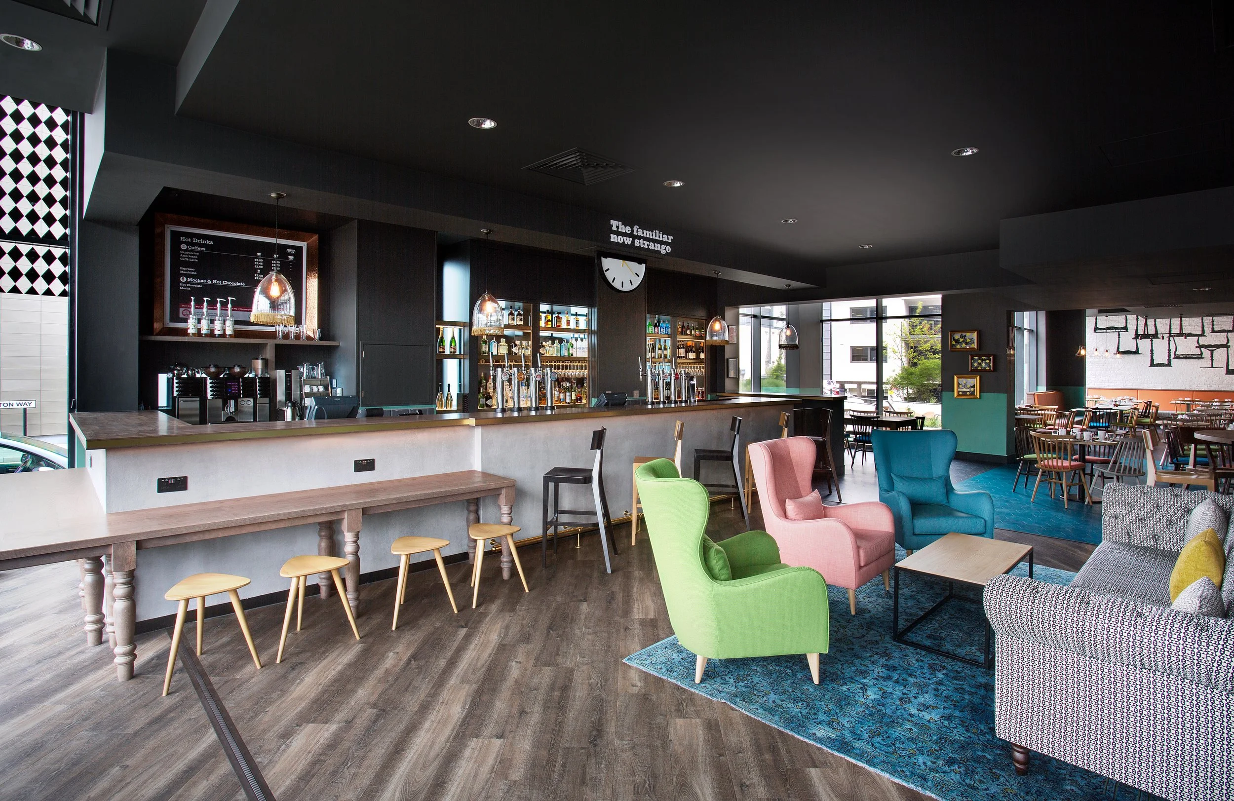 Wide angle of hotel bar at Jurys Inn, Brighton, East Sussex