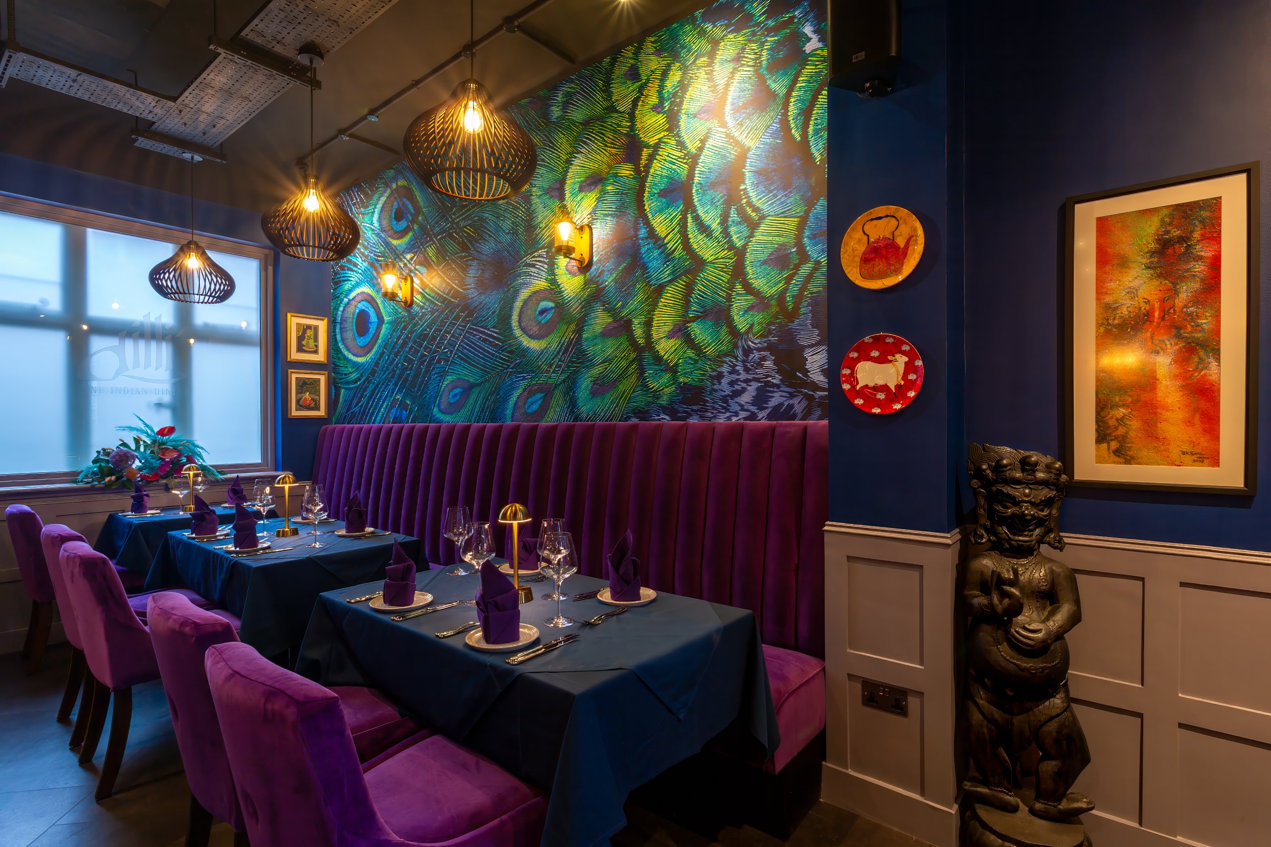 The peacock wallpaper and symbolic Nepalese details – The Dilli, Haslemere – Restaurant Photography by Sequoia Studios