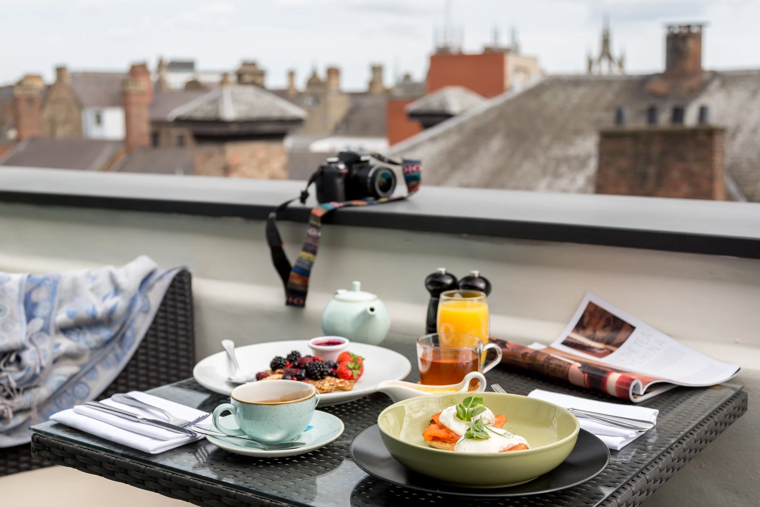 Eggs Benedict served on hotel balcony 